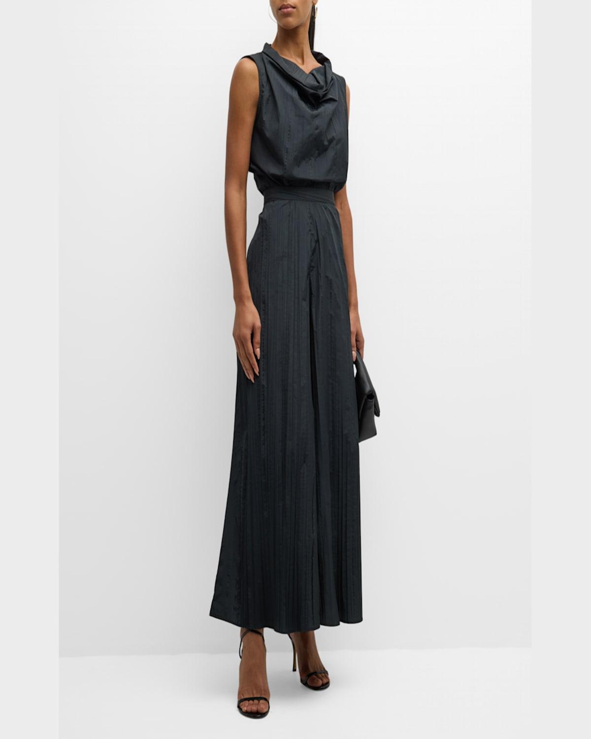 Sleeveless Funnel-Neck Pleated Taffeta Top