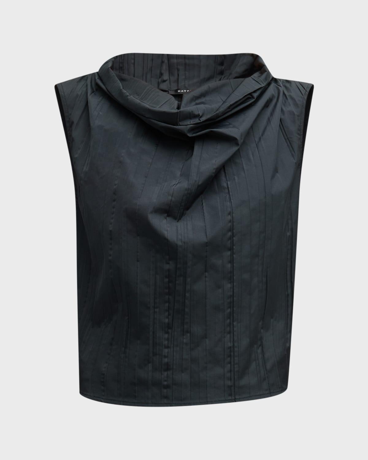 Sleeveless Funnel-Neck Pleated Taffeta Top