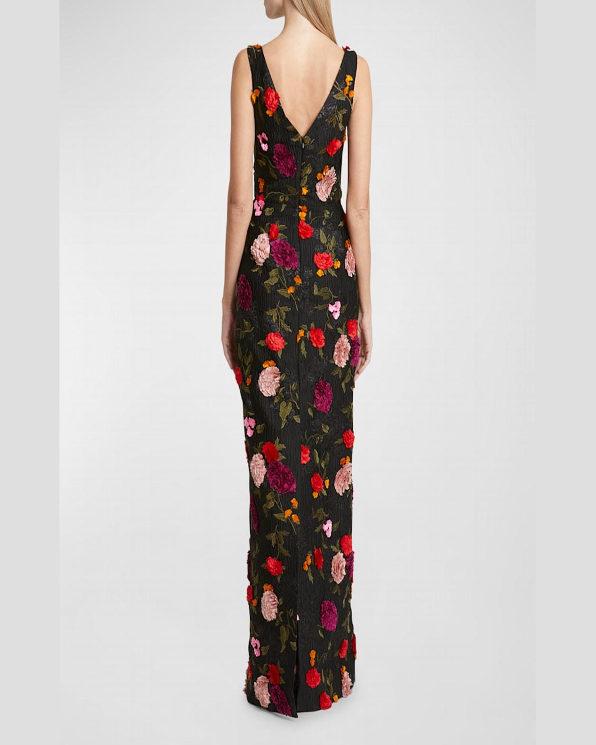 Floral Embroidered Long Sleeveless Column Gown