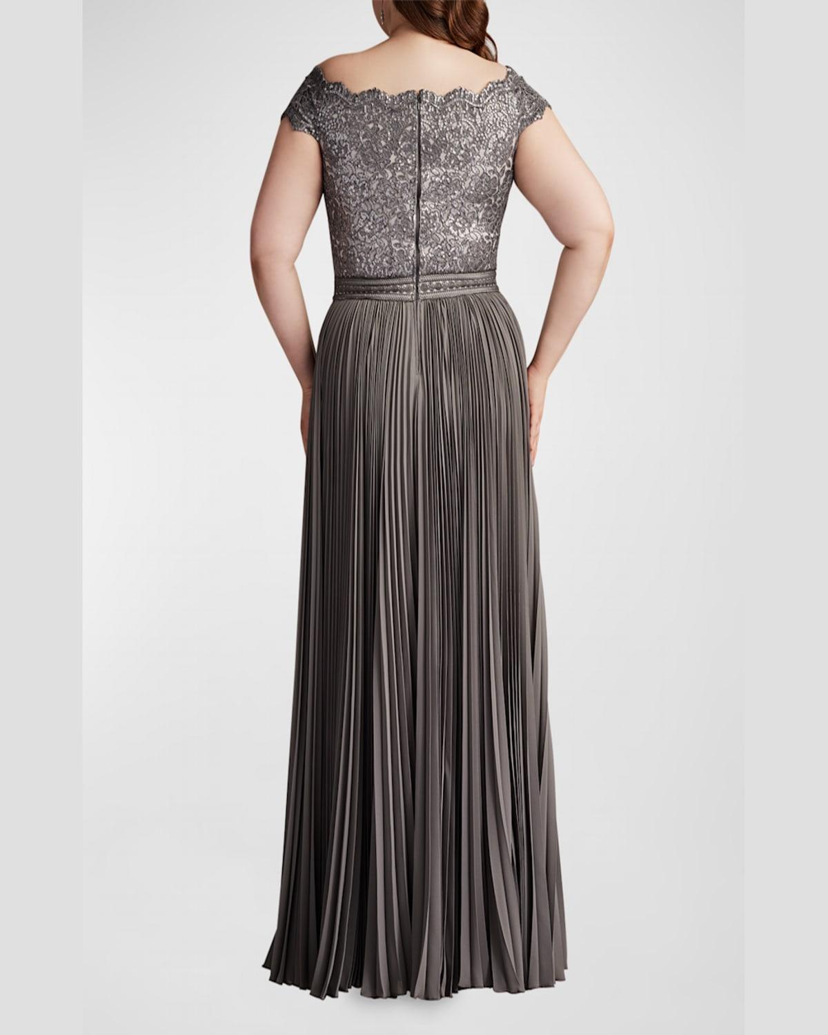 Plus Size Off-Shoulder Pleated Sequin Lace Gown