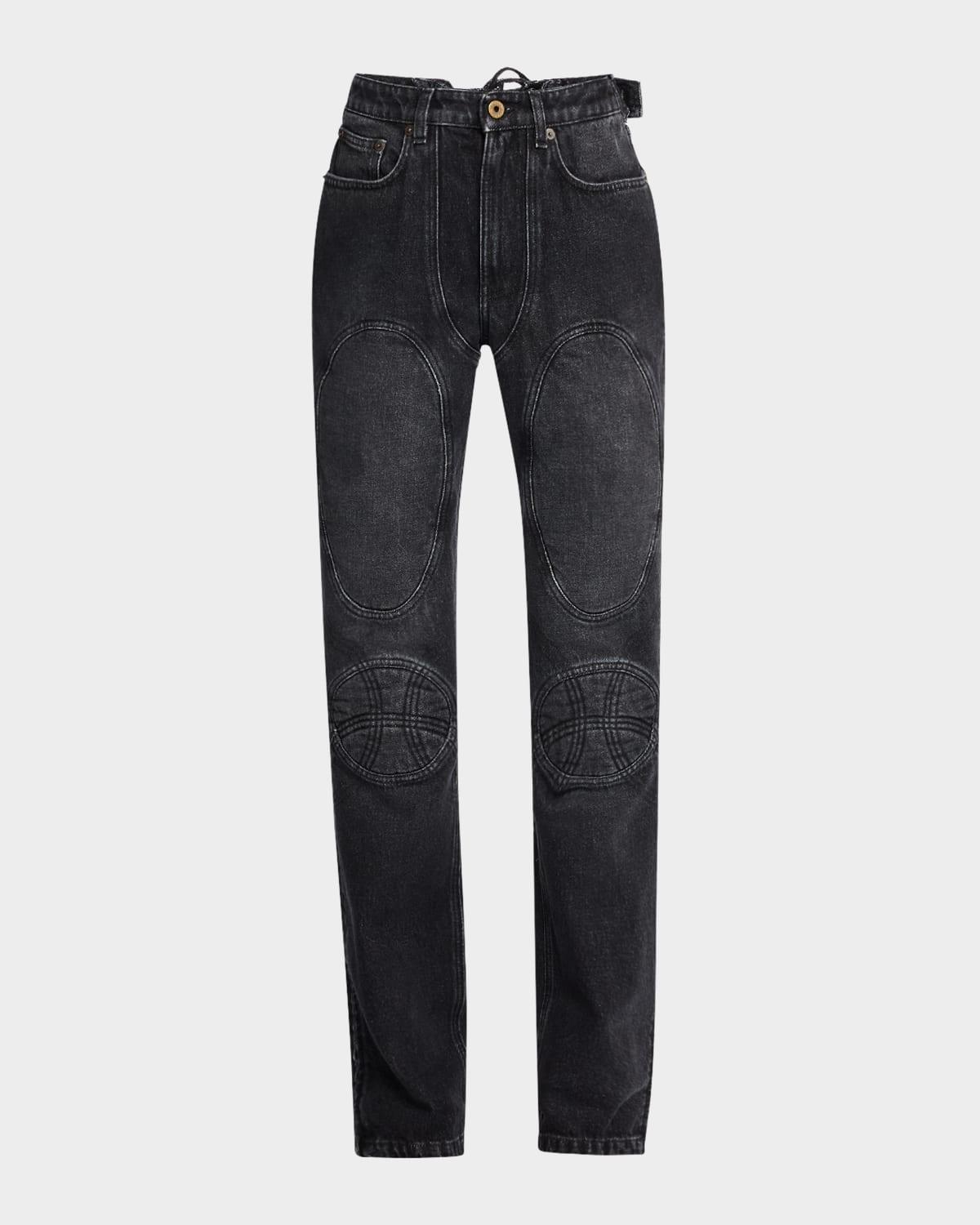 Laced Straight-Leg Denim Moto Jeans