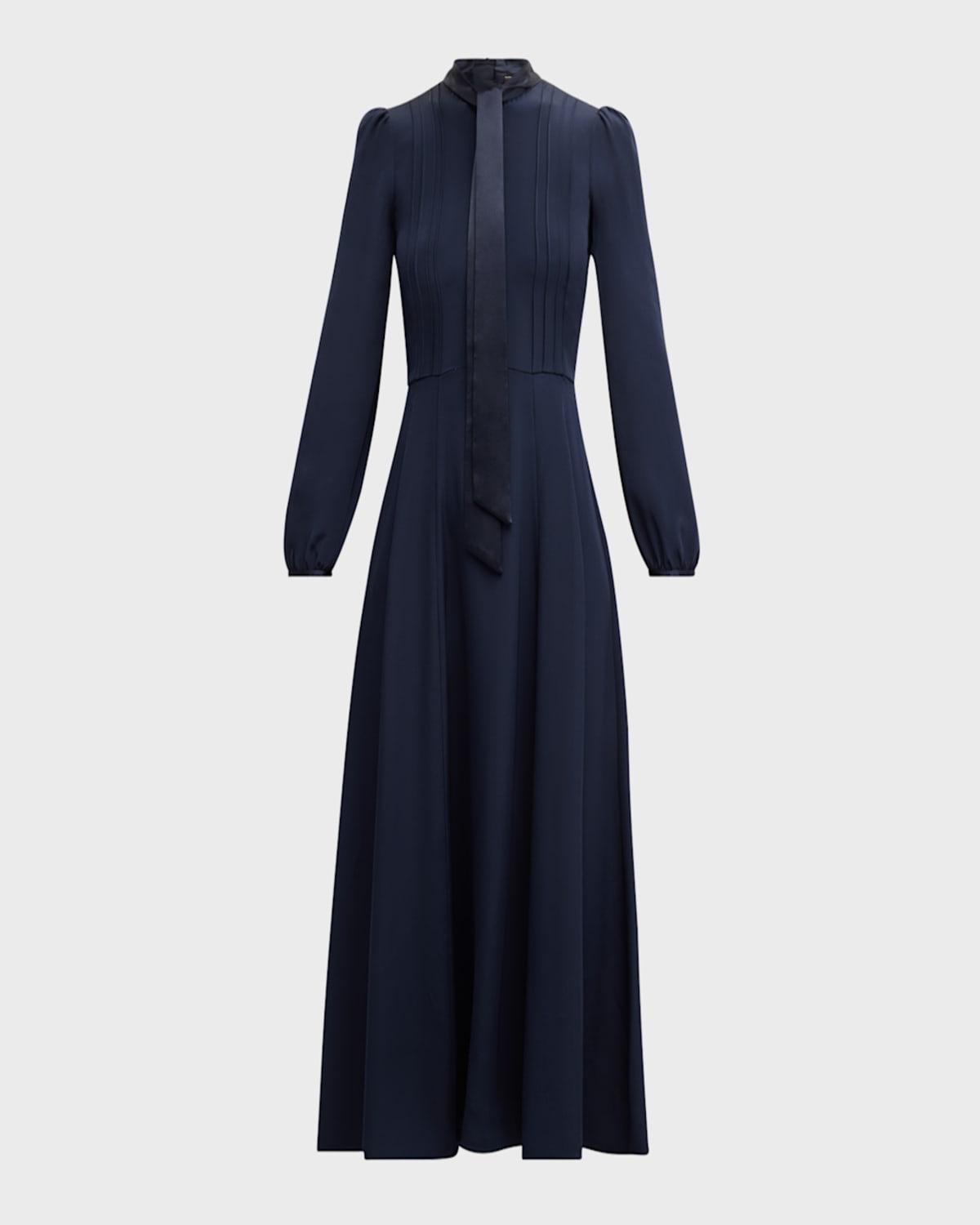 Alison Long-Sleeve Scarf-Neck Silk Crepe Midi Dress