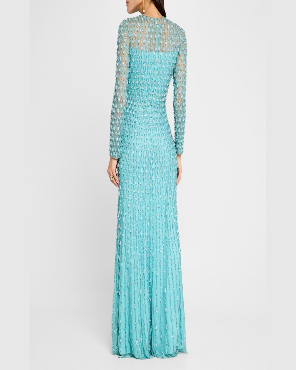 Nova Crystal Long-Sleeve Illusion Gown