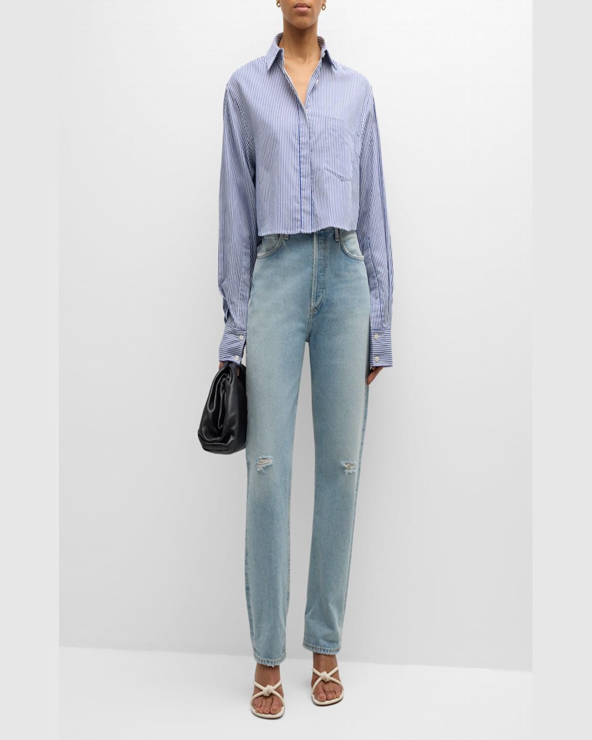 Renata Cropped Cotton Stripe Button-Front Shirt