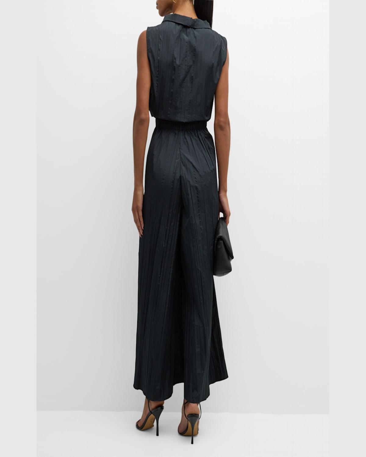 Sleeveless Funnel-Neck Pleated Taffeta Top