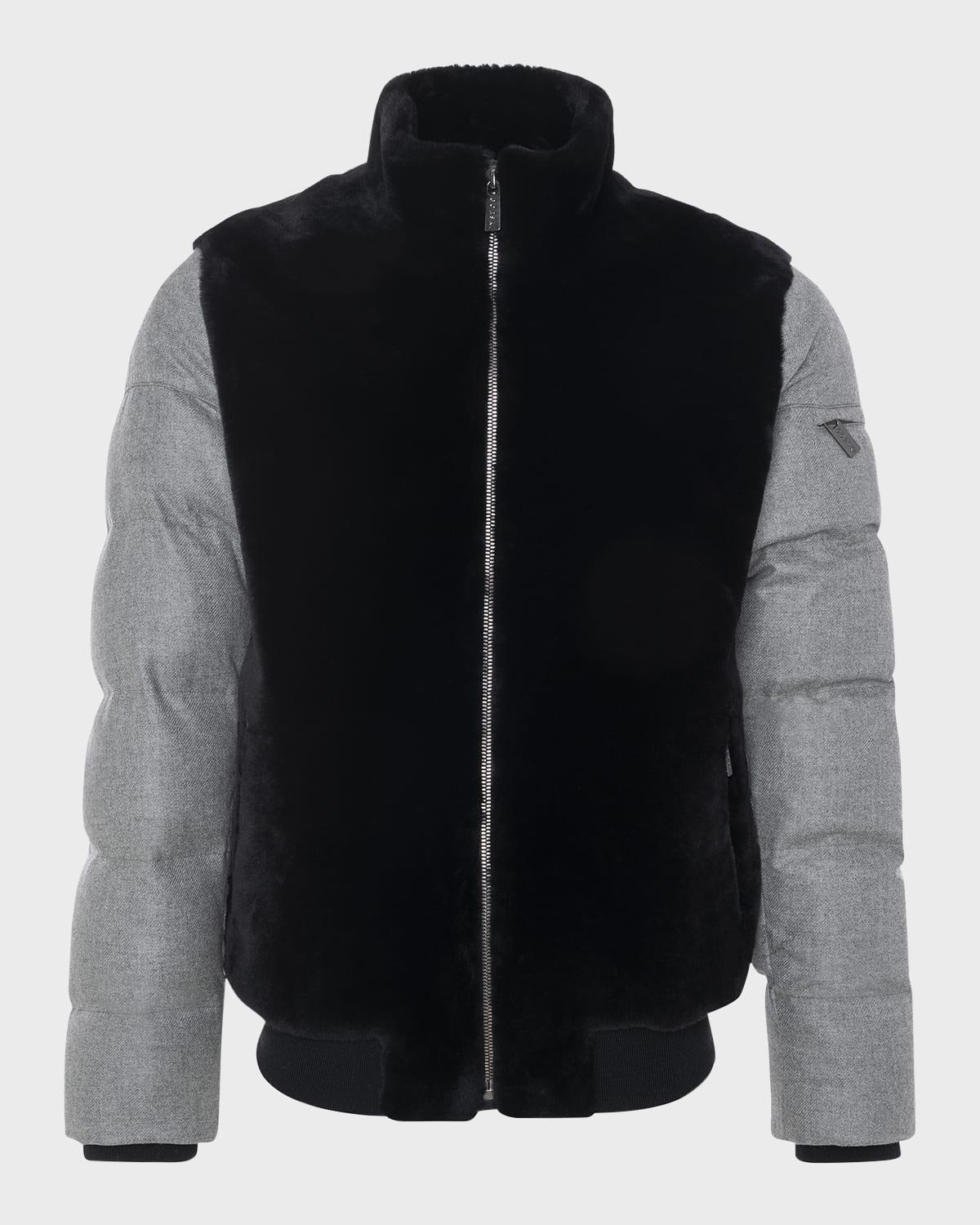 Men's Mixed-Media Lamb Shearling Quilted Bomber Jacket