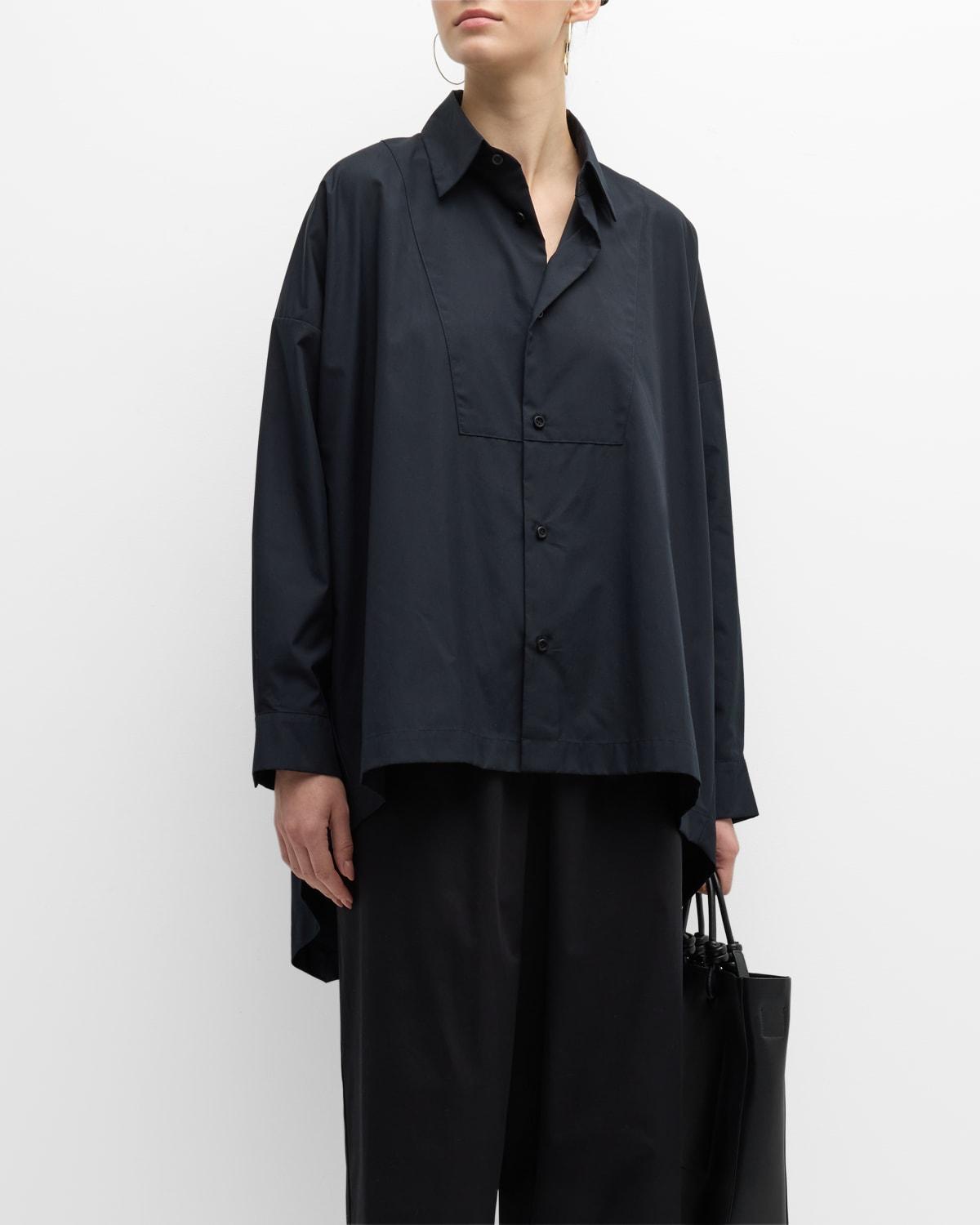 High-Low Button-Front Mid Plus Shirt with a Bib Front 