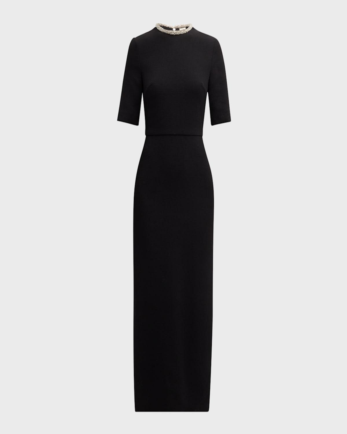 Crystal Neck Short-Sleeve Wool Crepe Midi Dress