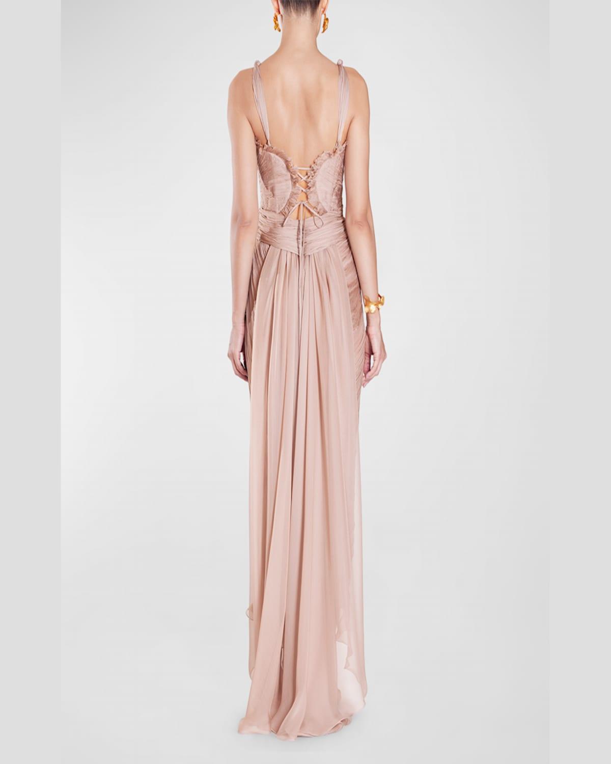 Adelie Plunging Draped Plisse Slit Gown