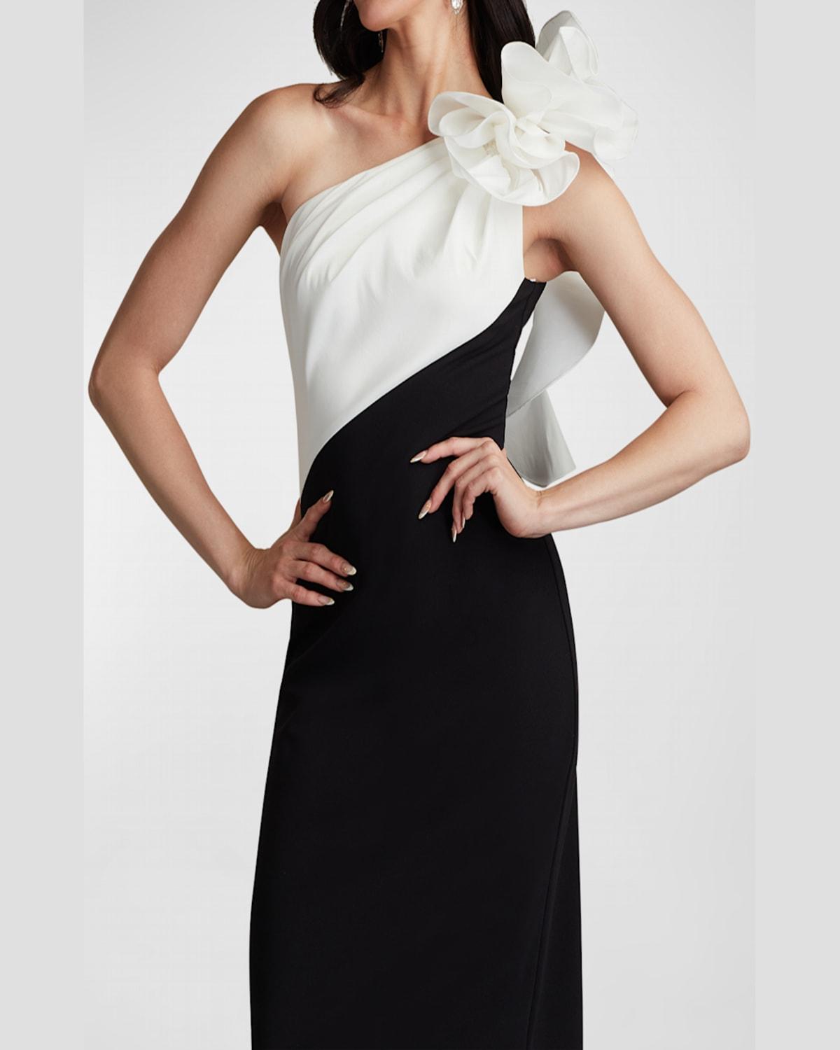 One-Shoulder Two-Tone Taffeta & Crepe Dress