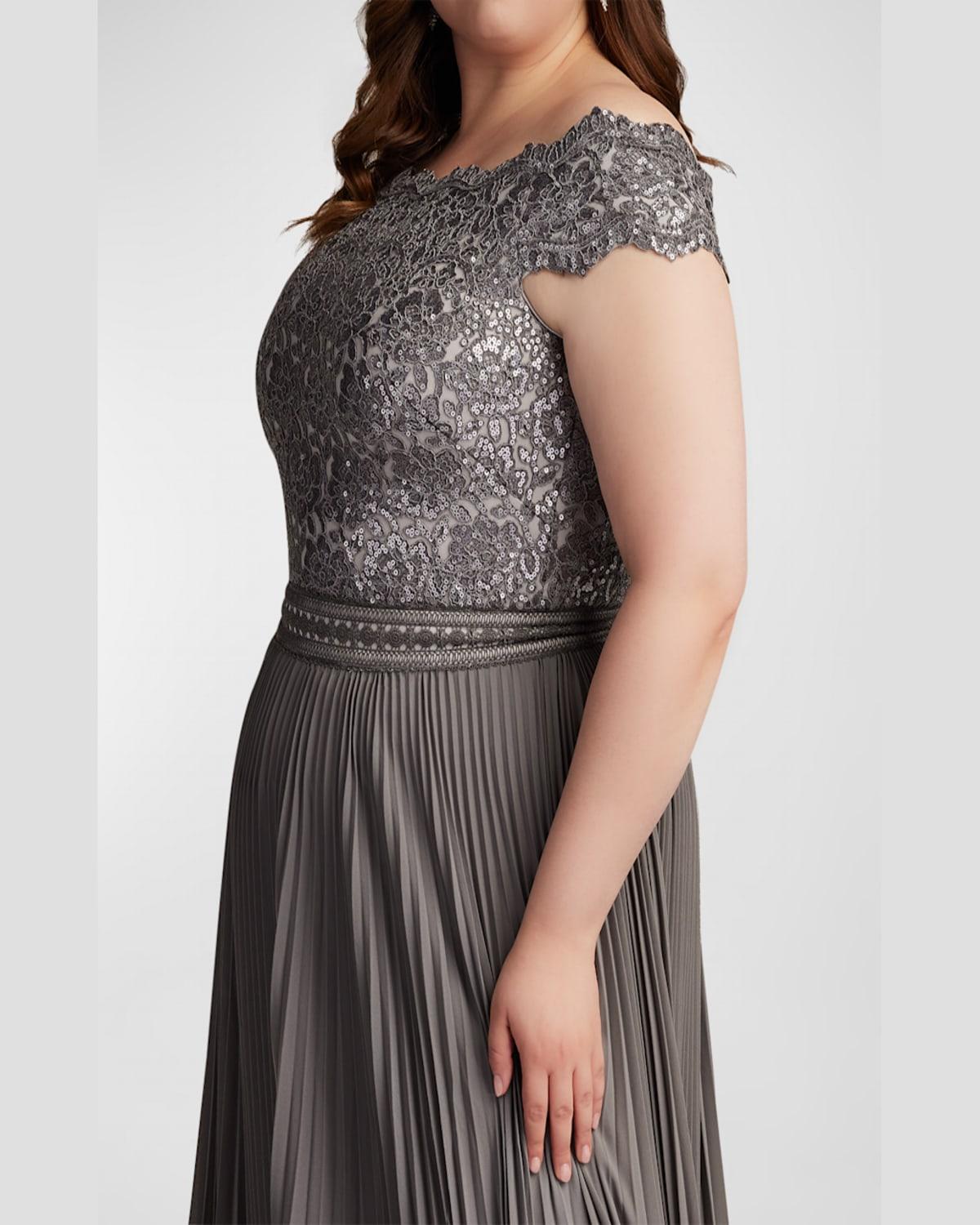 Plus Size Off-Shoulder Pleated Sequin Lace Gown