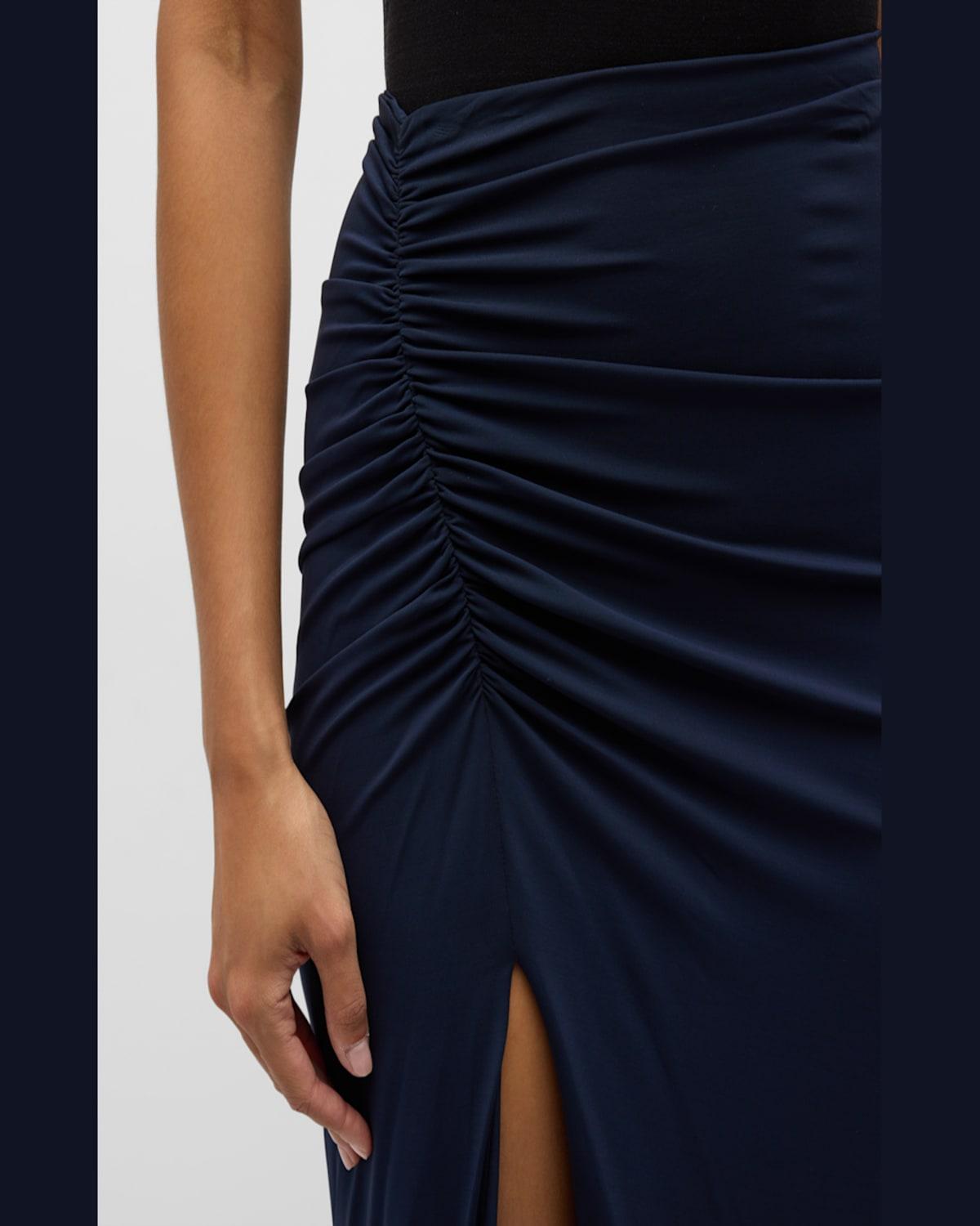 Shirred Slit Jersey Midi Pencil Skirt