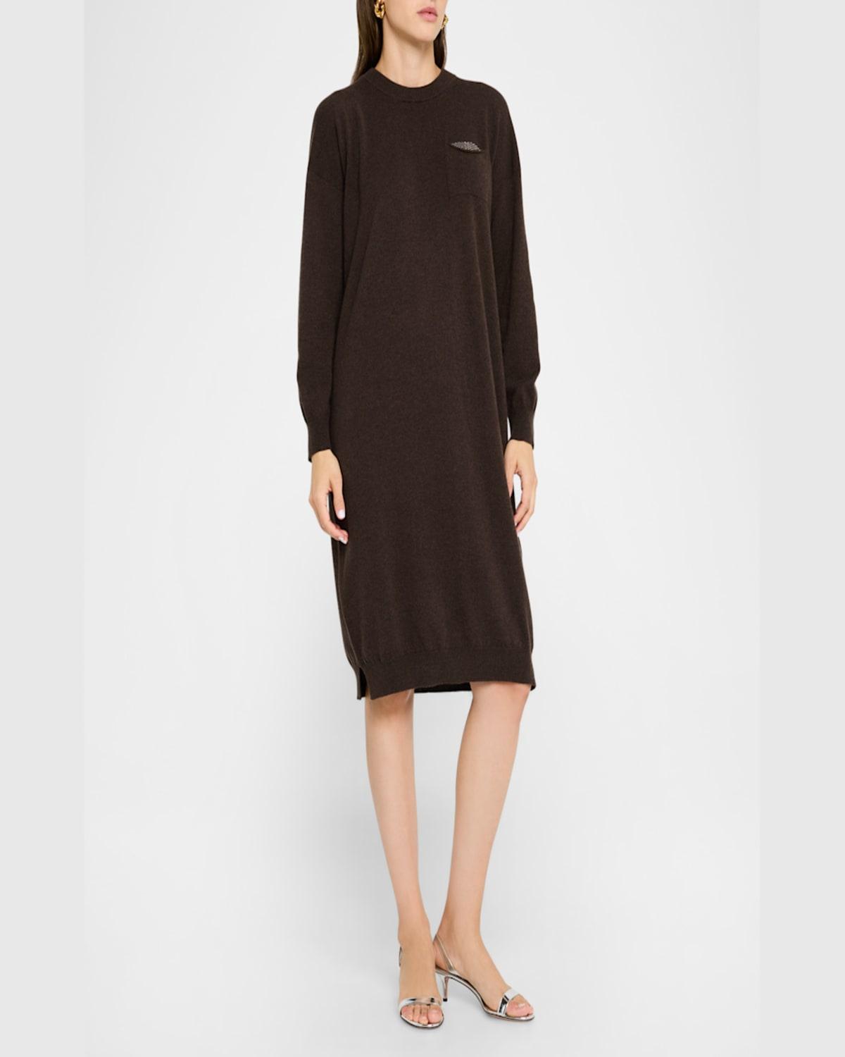 Chain-Trim Crewneck Knit Sweater Dress