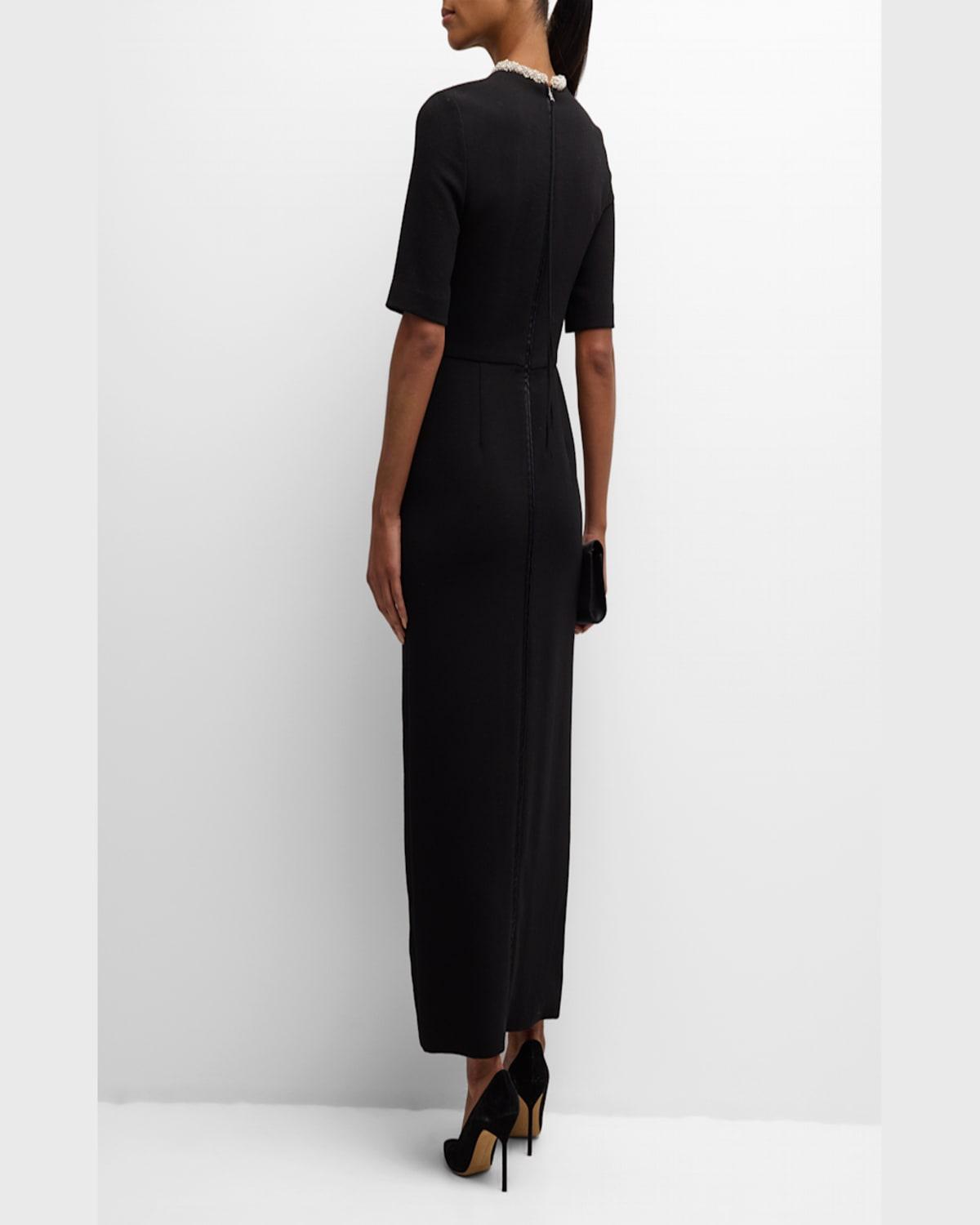 Crystal Neck Short-Sleeve Wool Crepe Midi Dress