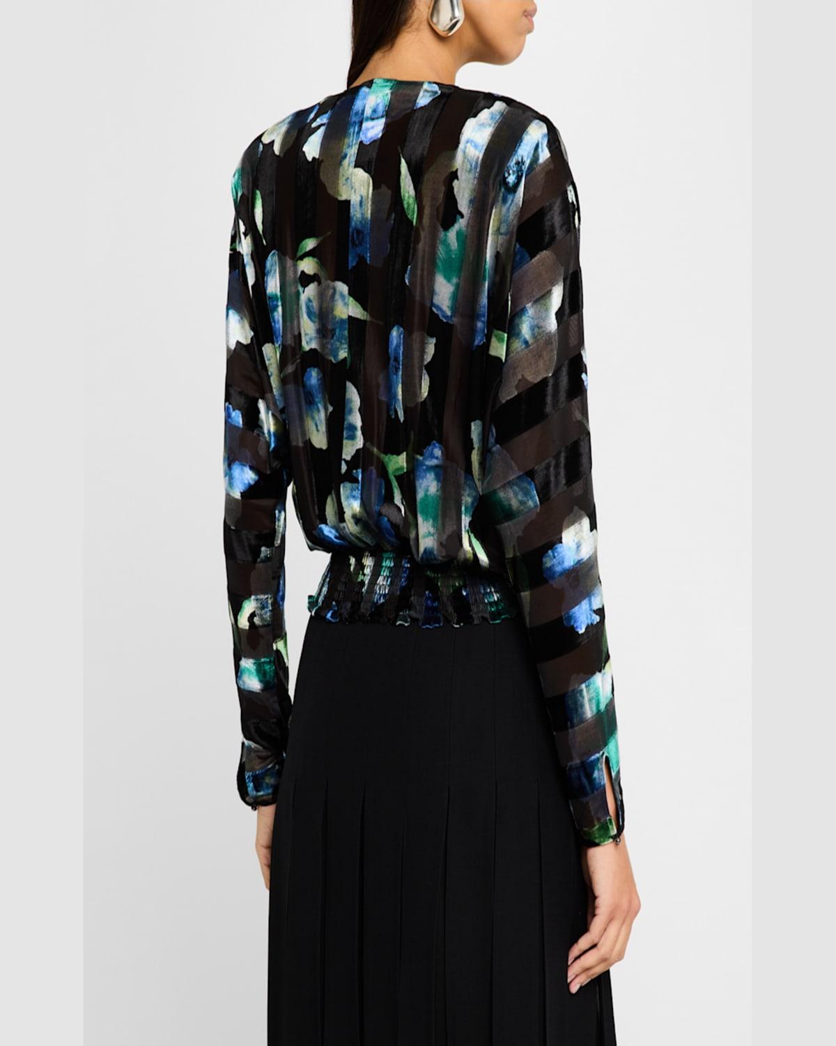 Orson Floral Stripe Velvet Long-Sleeve Blouse