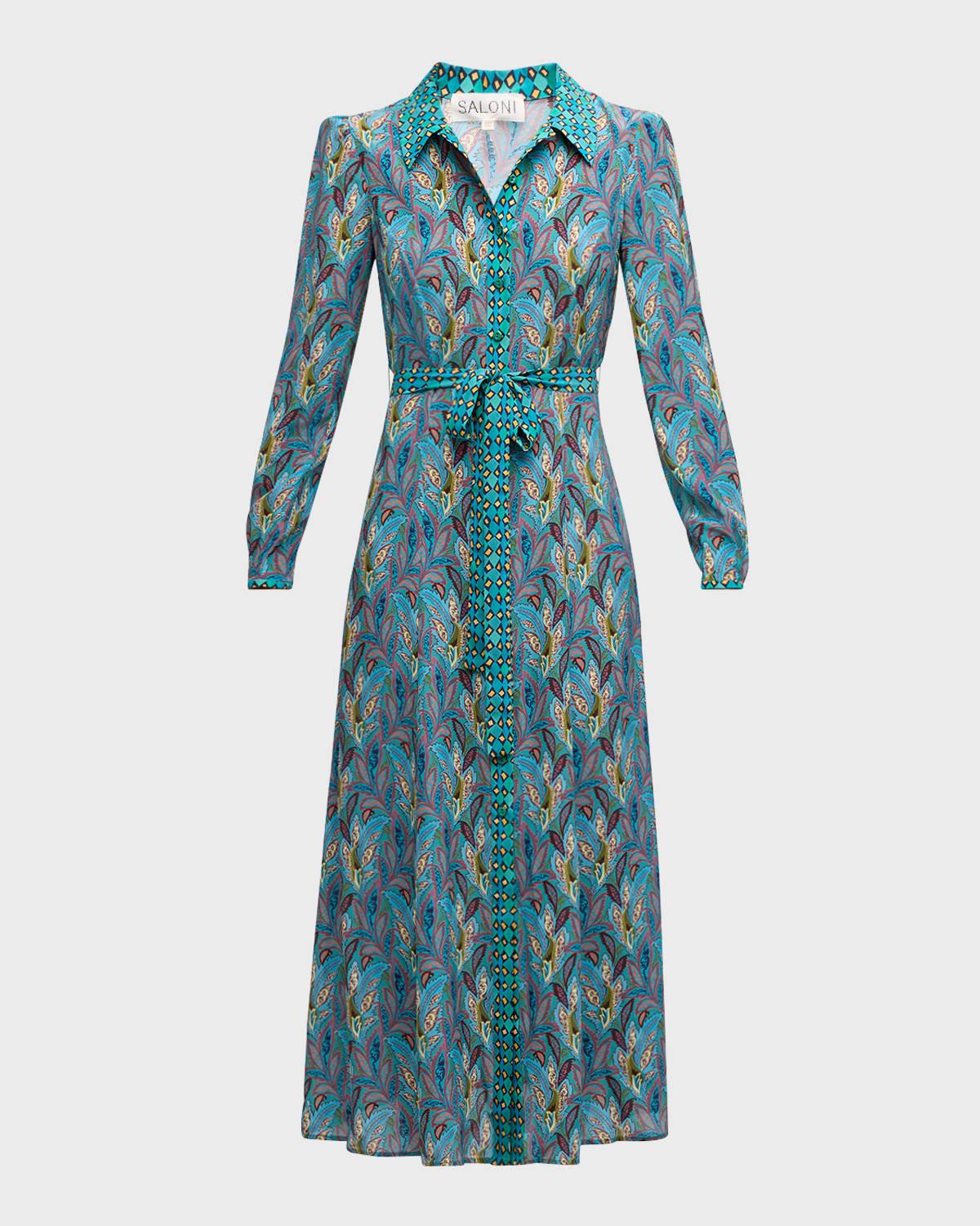 Vanessa B Tie-Belt Silk Maxi Shirt Dress