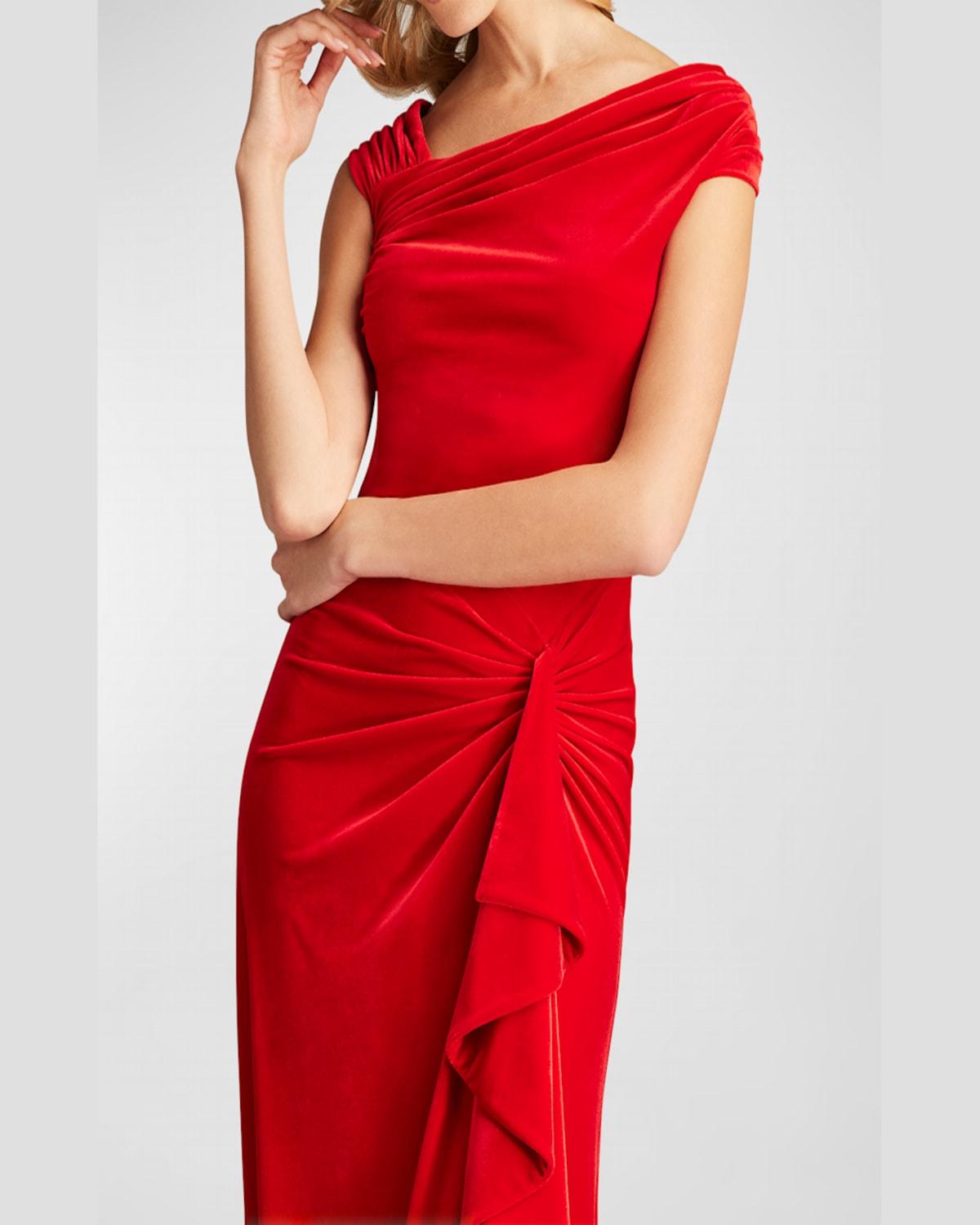 Pleated Asymmetric Crepe Column Gown