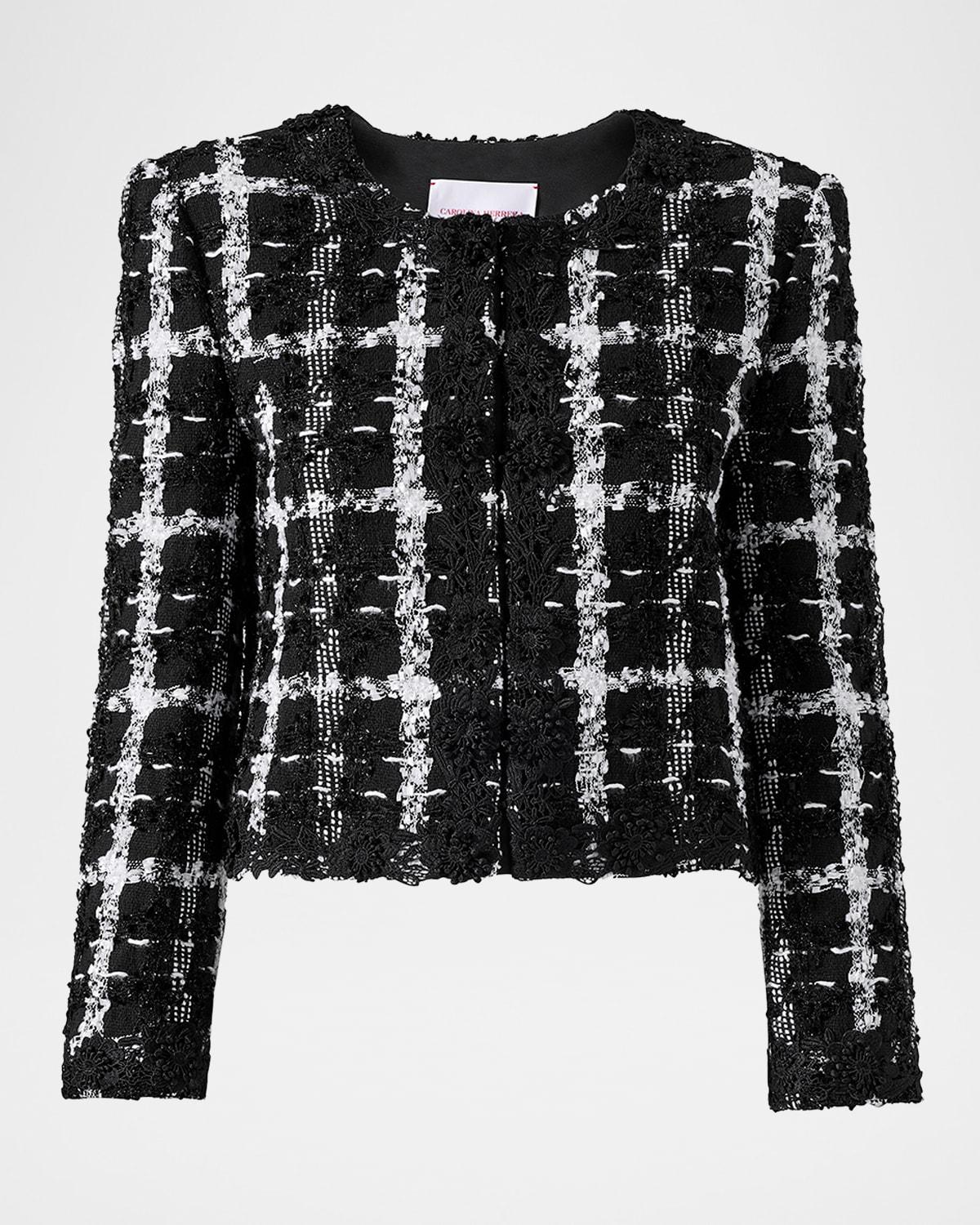 Collarless Metallic Check Tweed Crop Jacket