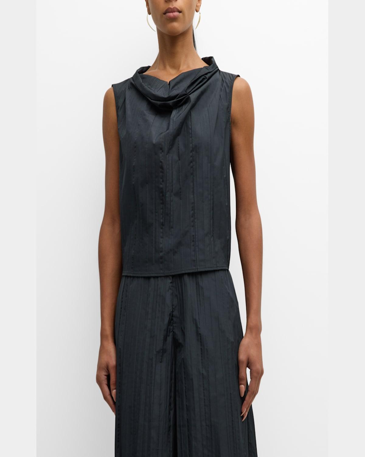 Sleeveless Funnel-Neck Pleated Taffeta Top