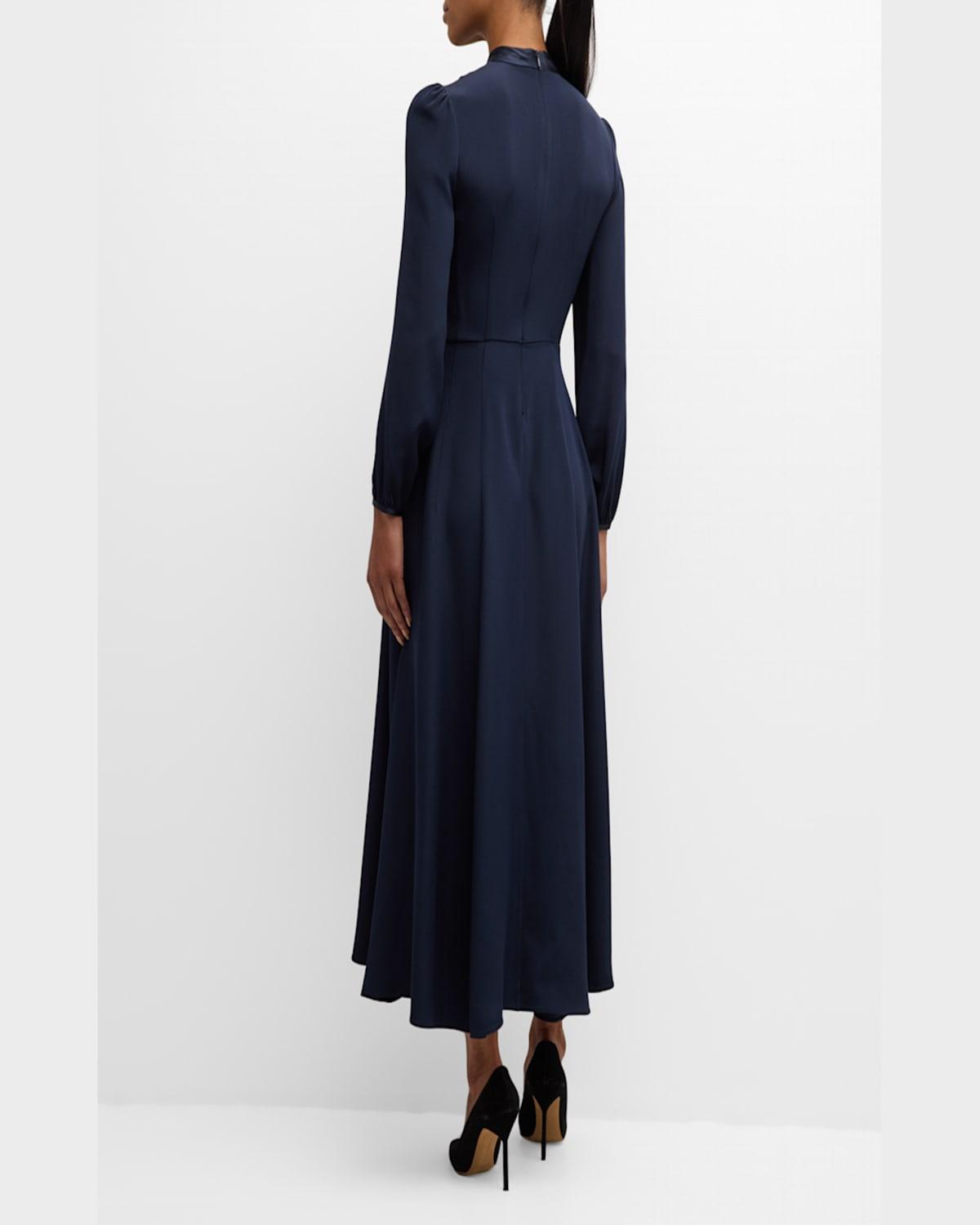 Alison Long-Sleeve Scarf-Neck Silk Crepe Midi Dress