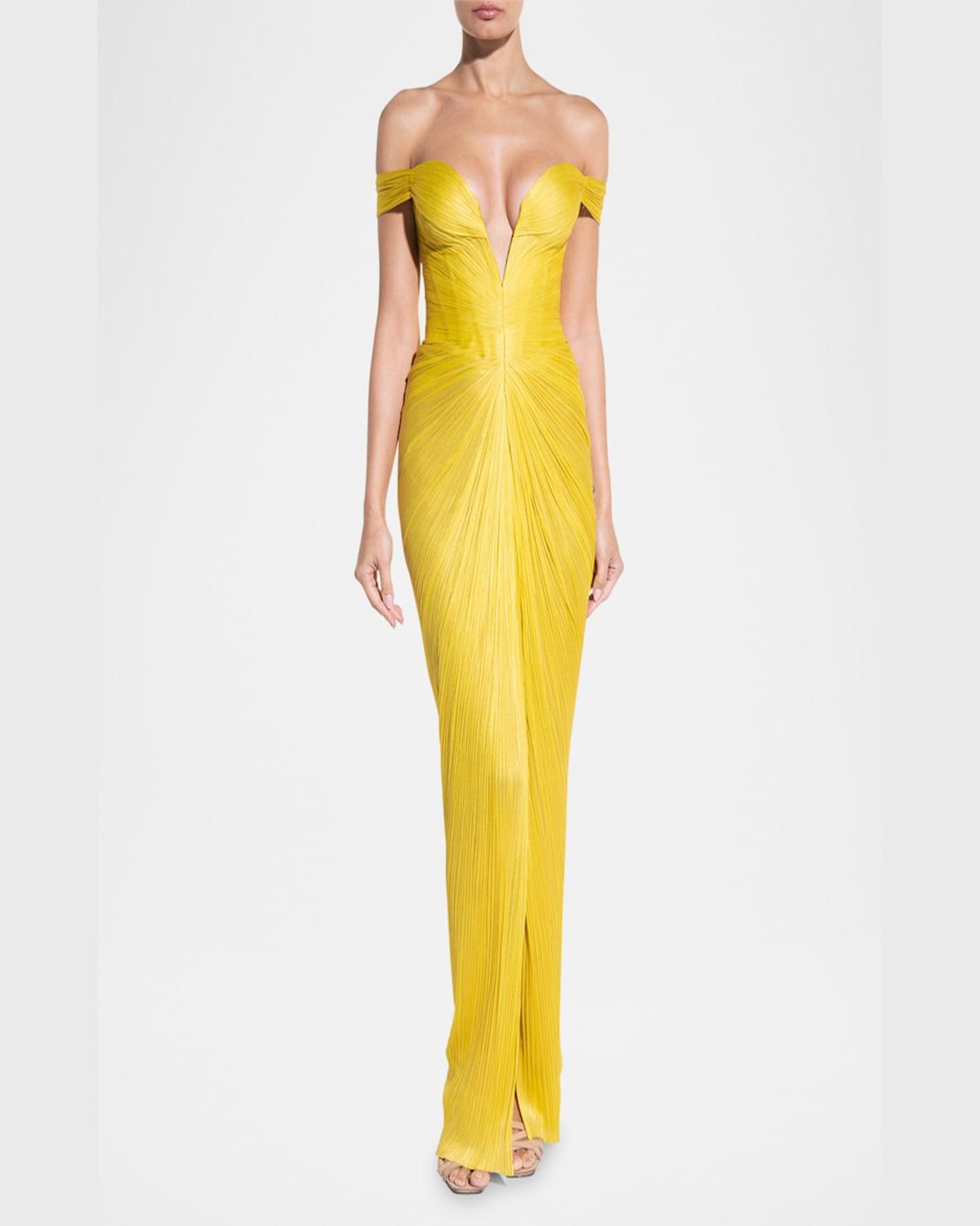 Reo Tia Plunging Off-The-Shoulder Slit Gown