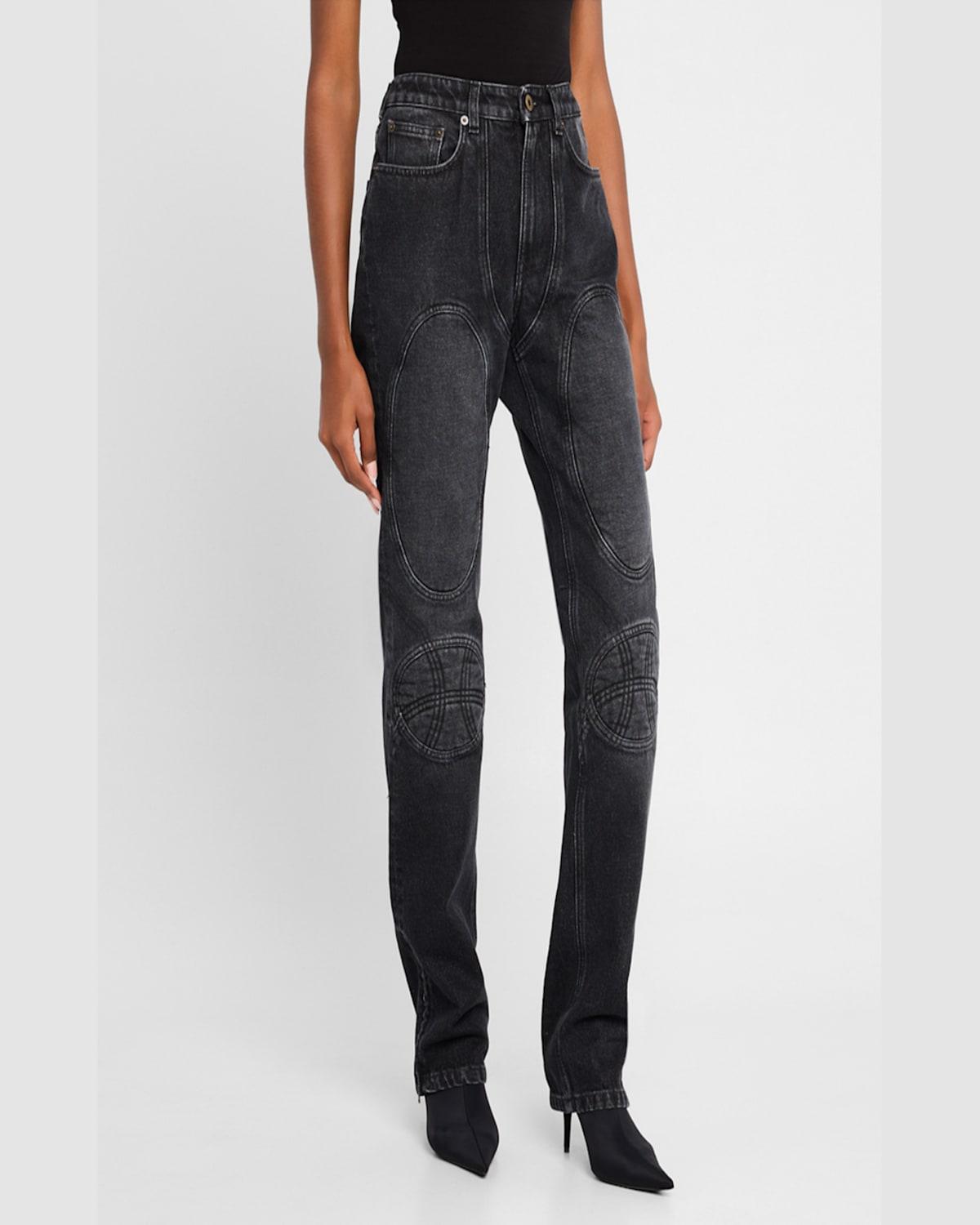 Laced Straight-Leg Denim Moto Jeans