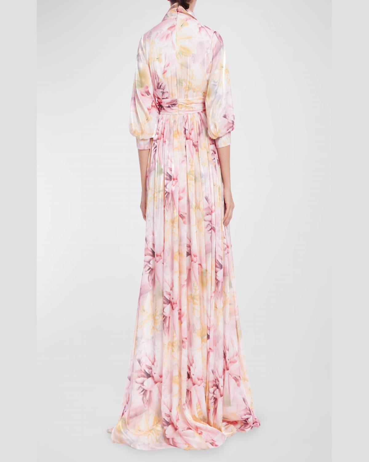 Blouson-Sleeve Shimmer Floral-Print Empire Gown