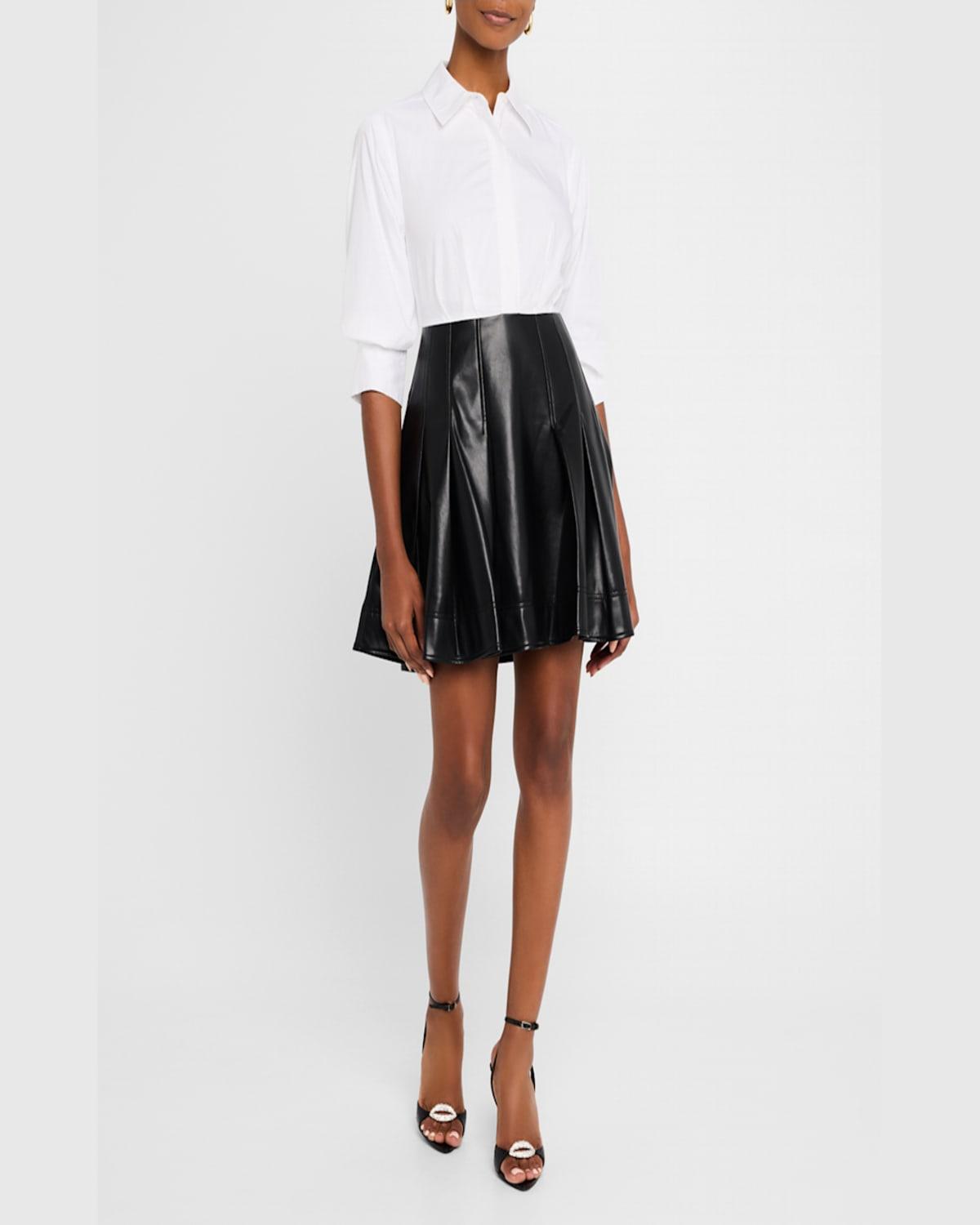 Padma Poplin & Faux Leather Combo Mini Shirtdress