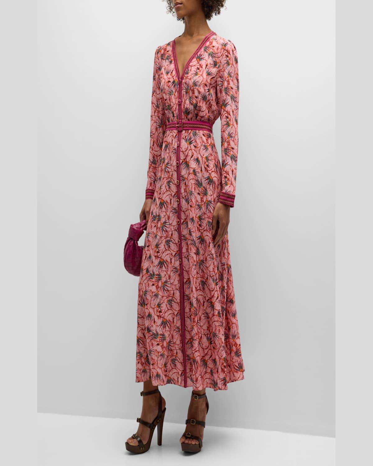 Lea Button-Front Printed Midi Silk Shirtdress