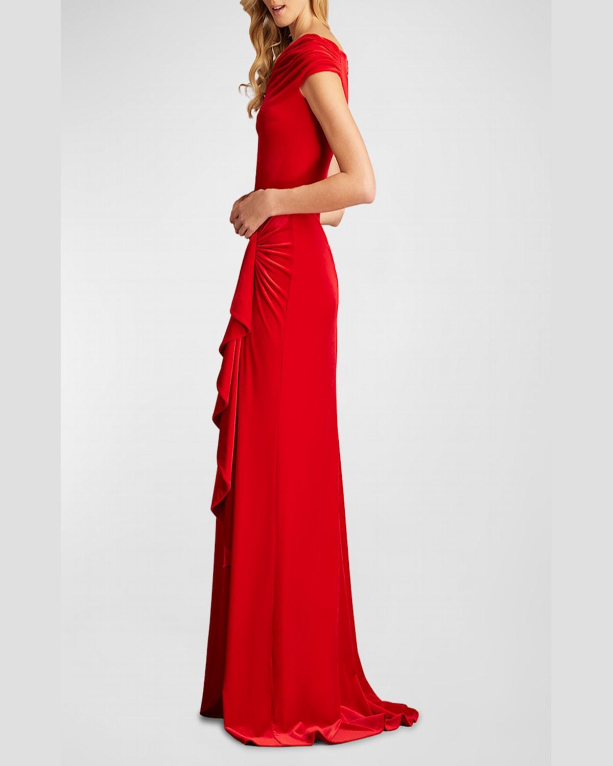 Pleated Asymmetric Crepe Column Gown