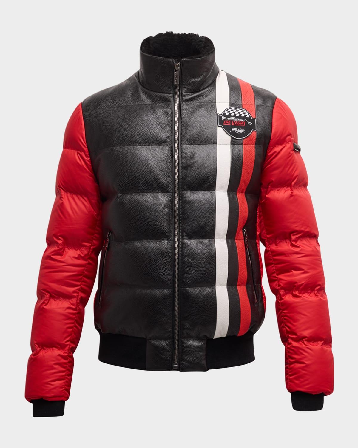 Men's Lamb Shearling-Trim Leather Racing Puffer Jacket