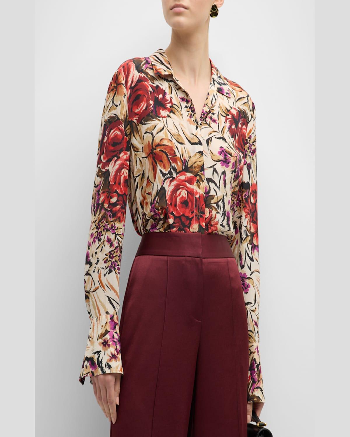 Lola Floral-Print Button-Down Silk Blouse