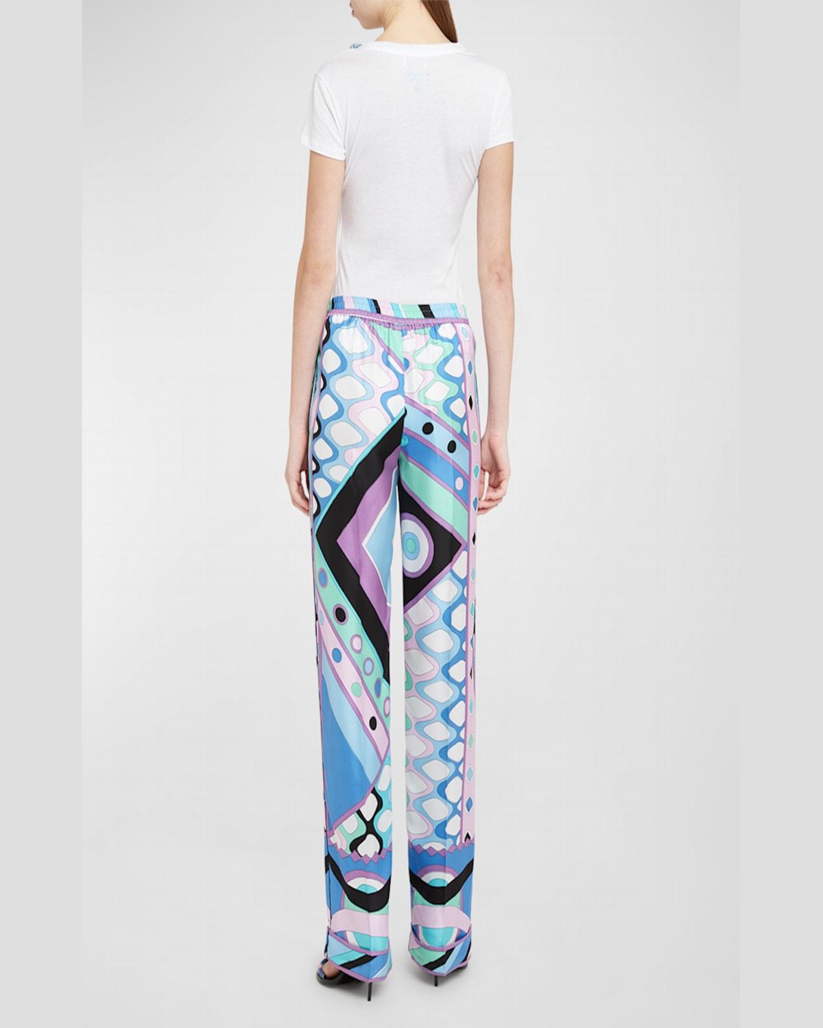 Mid-Rise Abstract-Print Straight-Leg Satin Pajama Trousers