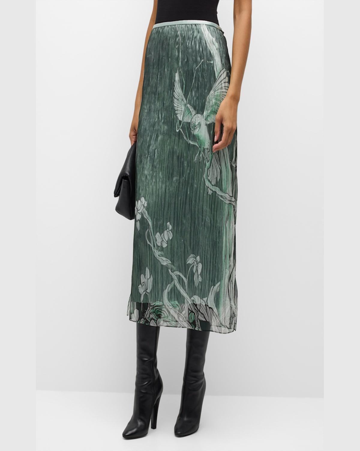 Tree-Print Organza Layered Midi Skirt