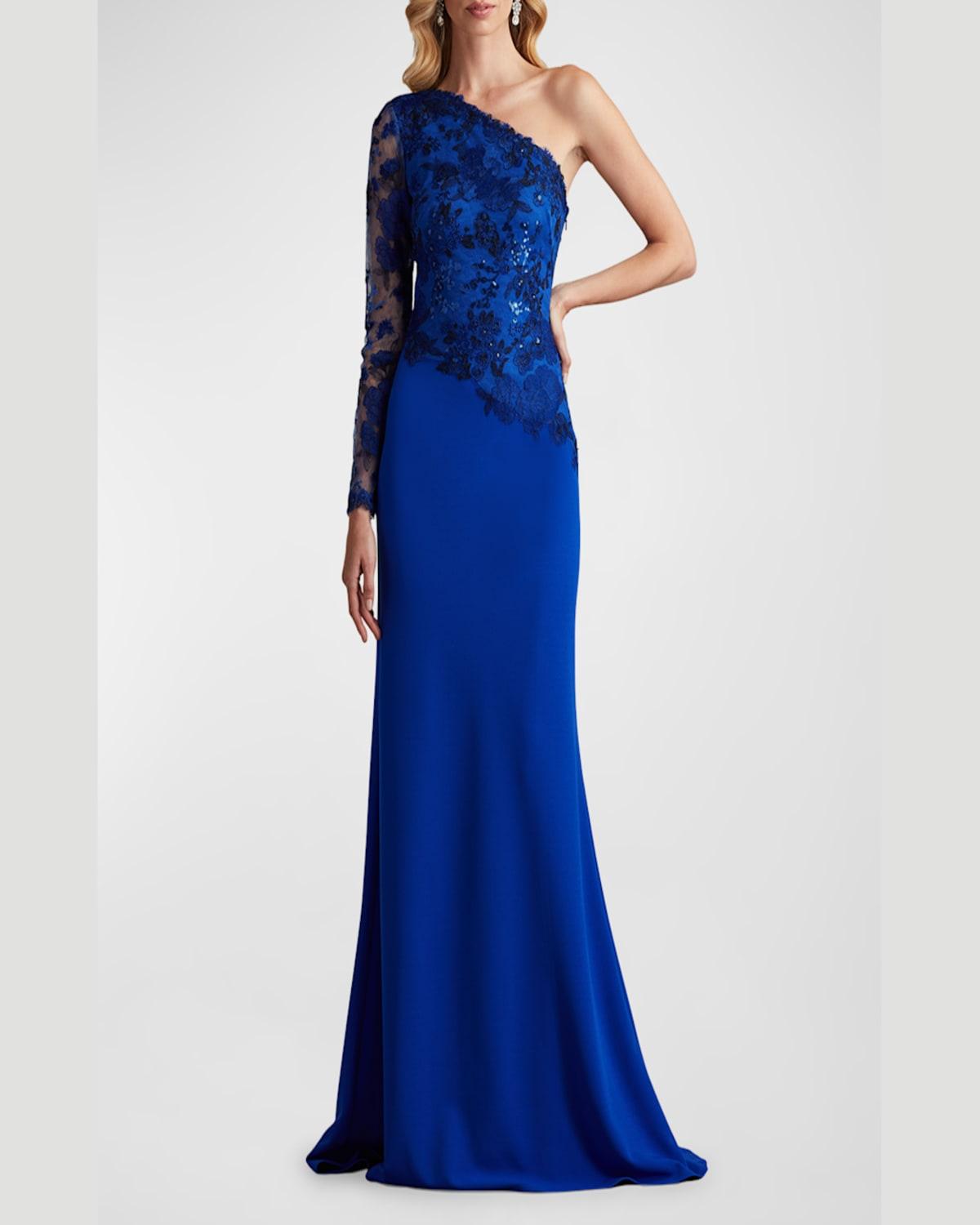 One-Shoulder Embroidered Sequin Lace Gown