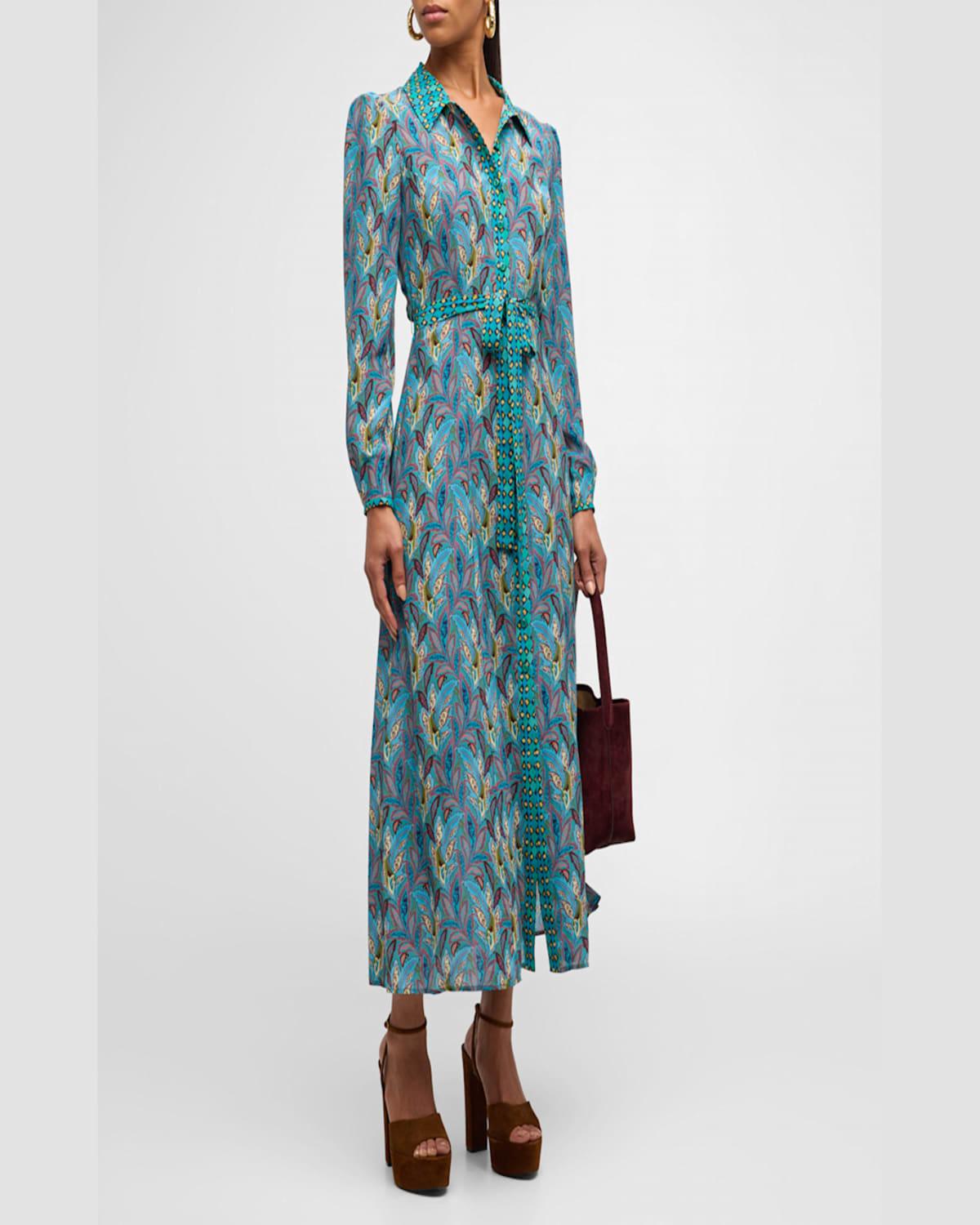 Vanessa B Tie-Belt Silk Maxi Shirt Dress