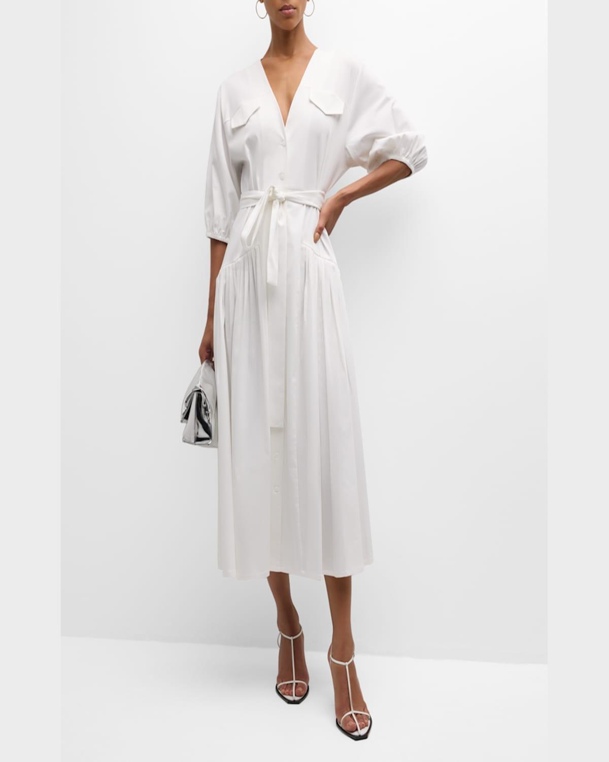 Oasis Tie-Belt Elbow-Sleeve Cotton Midi Dress