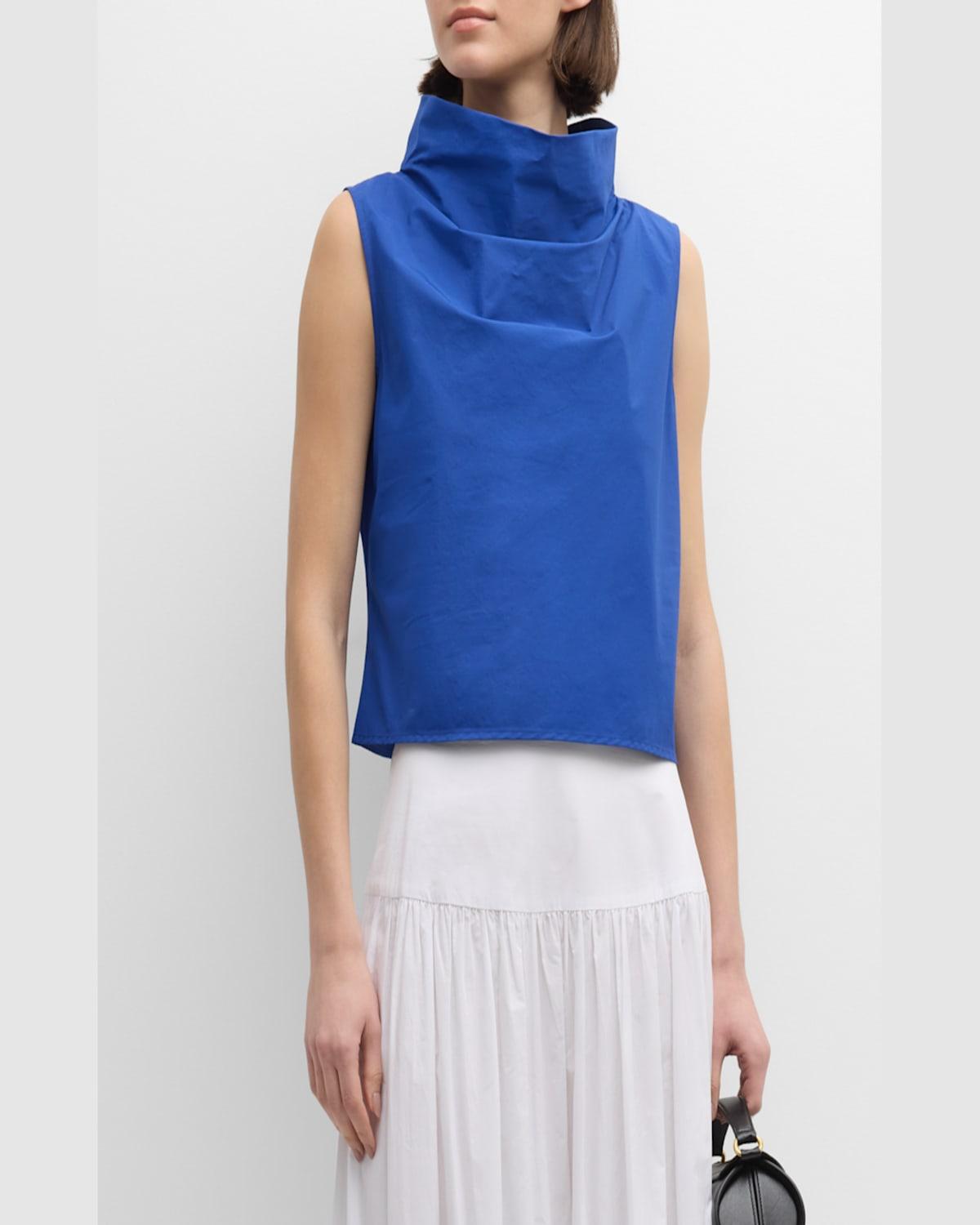 Sleeveless Funnel-Neck Cotton Poplin Shirt