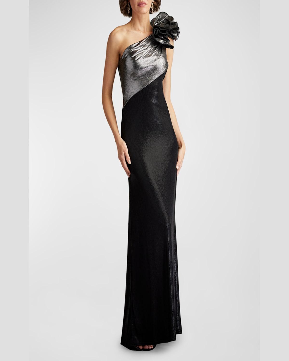 One-Shoulder Metallic Jersey Gown