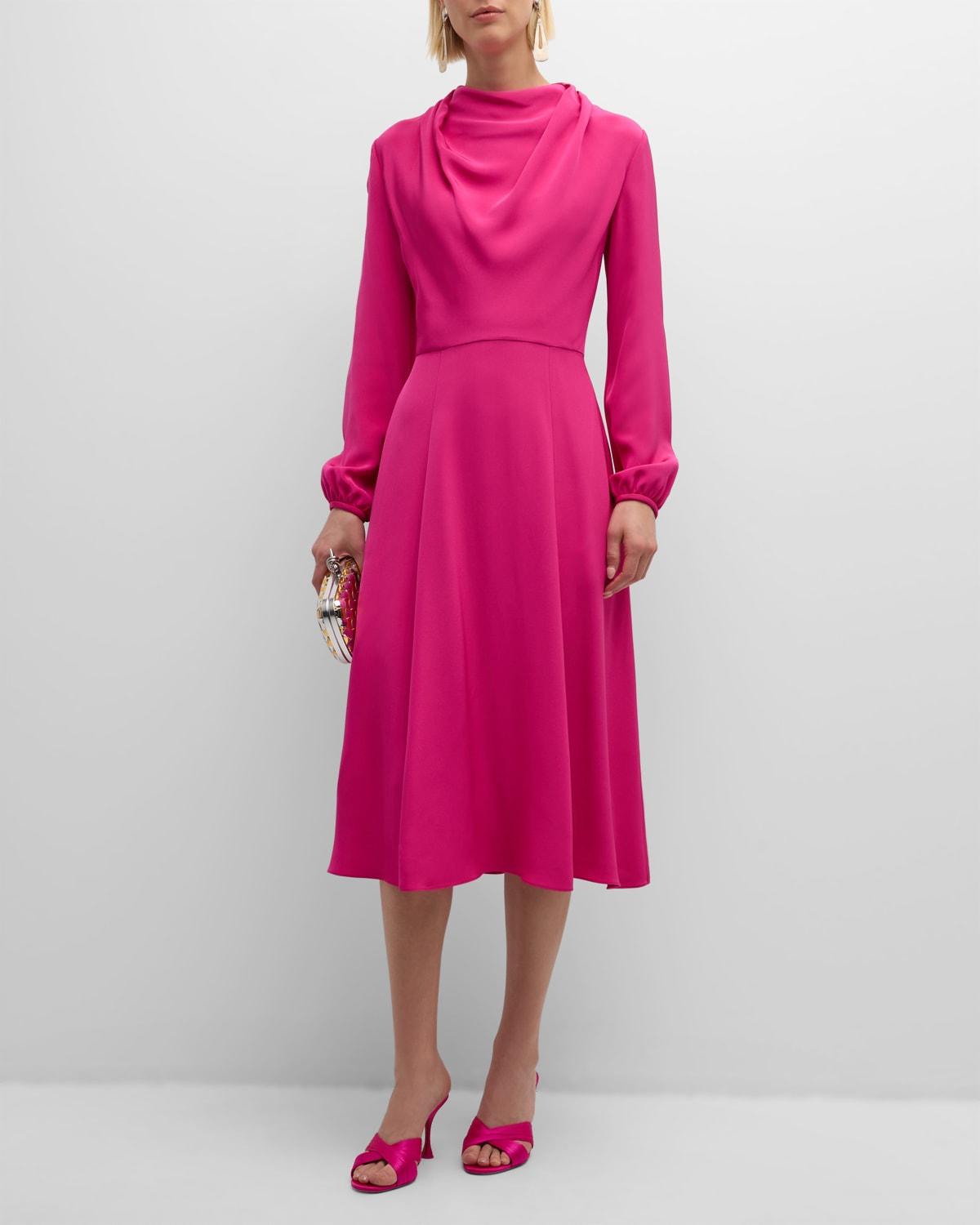 Blythe Draped Long-Sleeve Silk Crepe Midi Dress