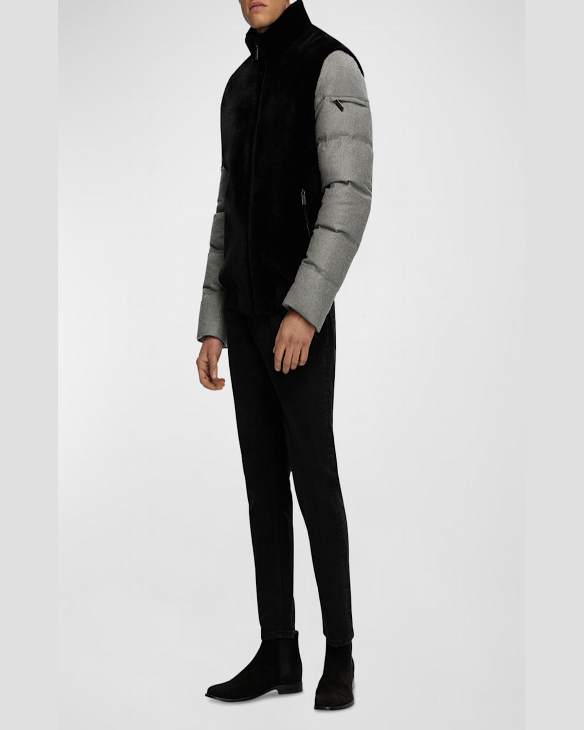 Men's Mixed-Media Lamb Shearling Quilted Bomber Jacket