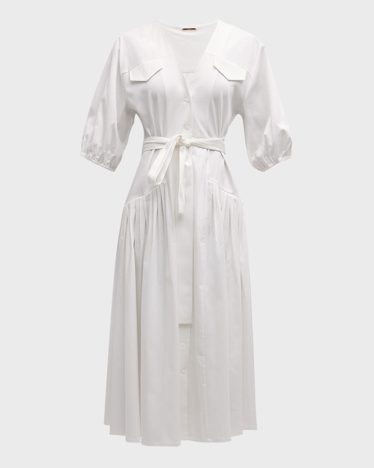 Oasis Tie-Belt Elbow-Sleeve Cotton Midi Dress