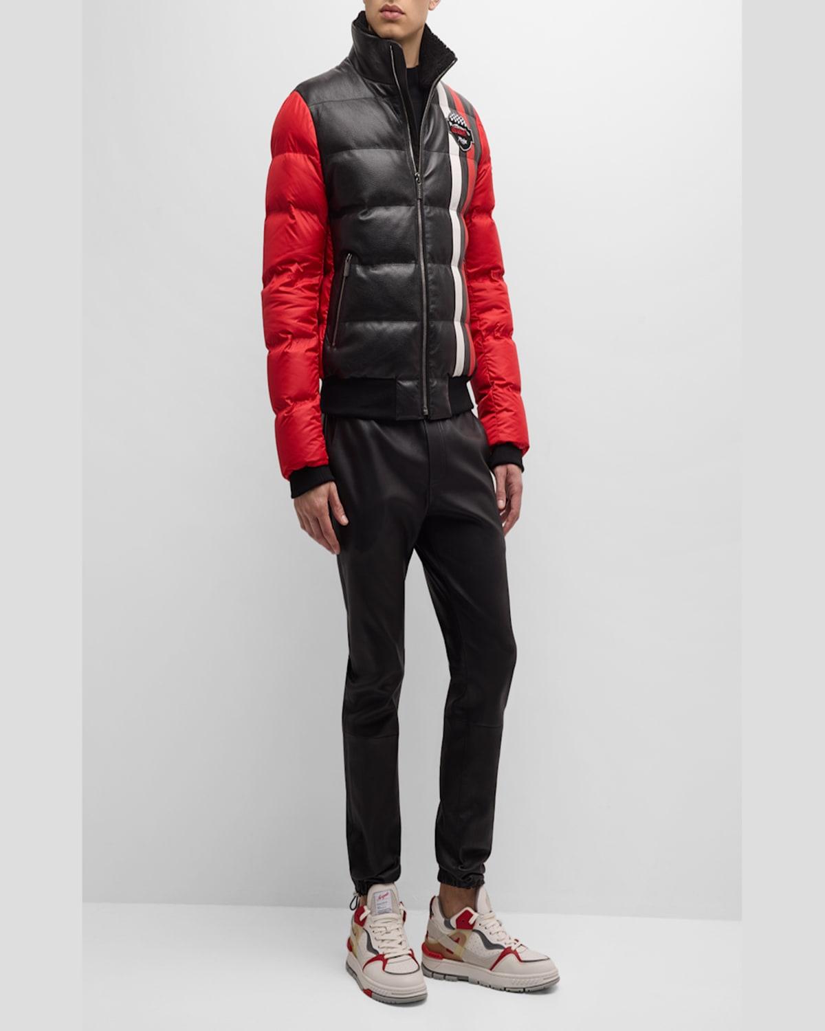 Men's Lamb Shearling-Trim Leather Racing Puffer Jacket