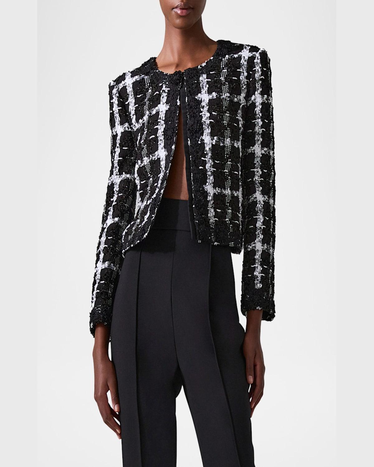 Collarless Metallic Check Tweed Crop Jacket