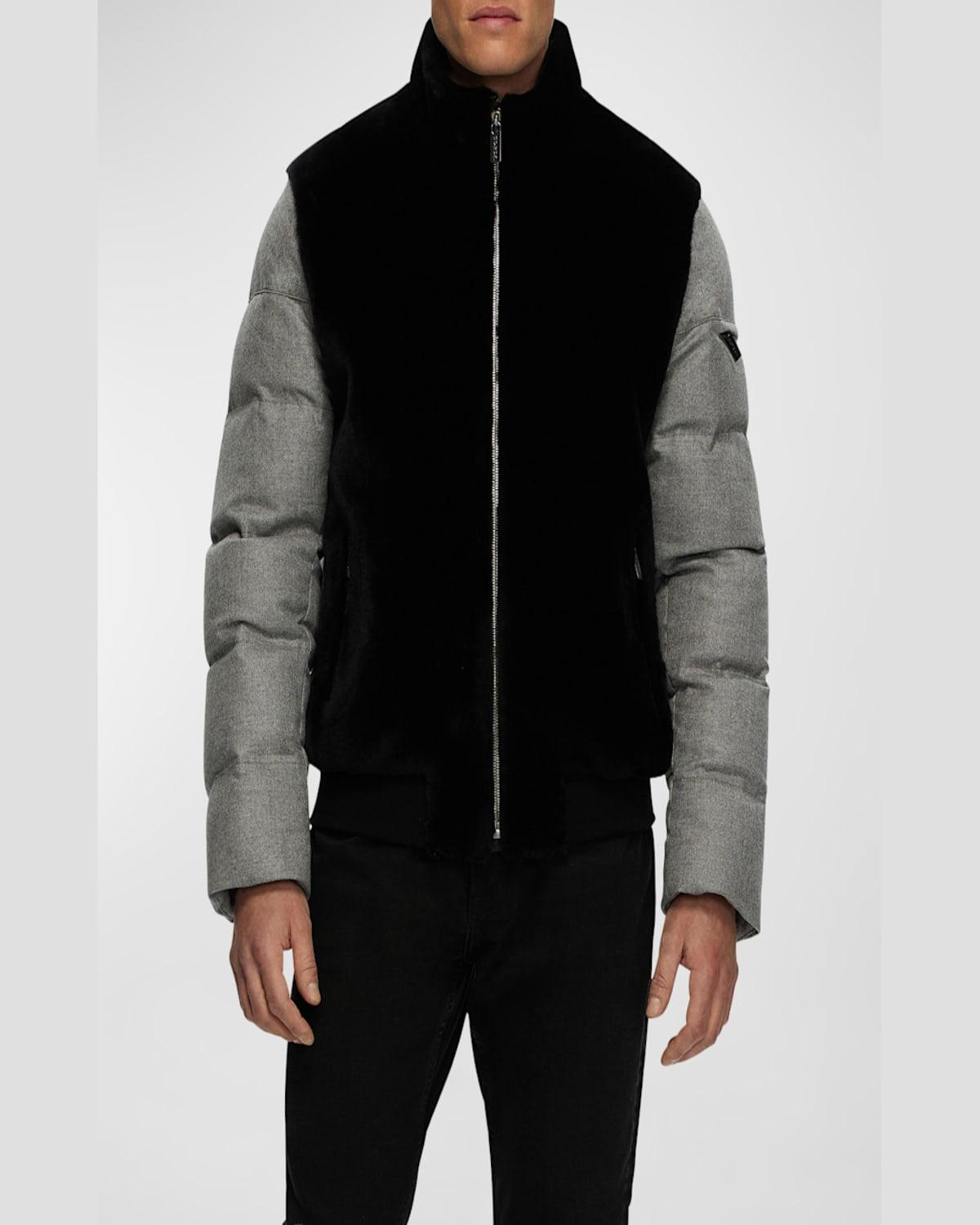 Men's Mixed-Media Lamb Shearling Quilted Bomber Jacket