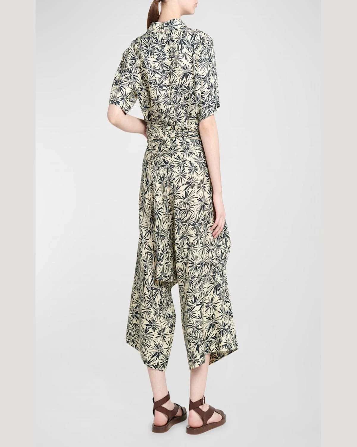 Yuki Flower-Print Wrap-Waist Wide-Leg Crop Linen Pants