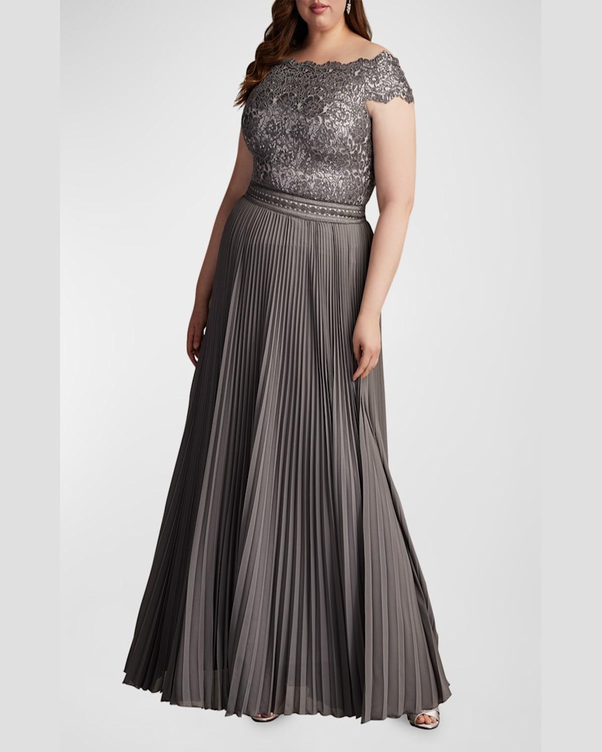 Plus Size Off-Shoulder Pleated Sequin Lace Gown