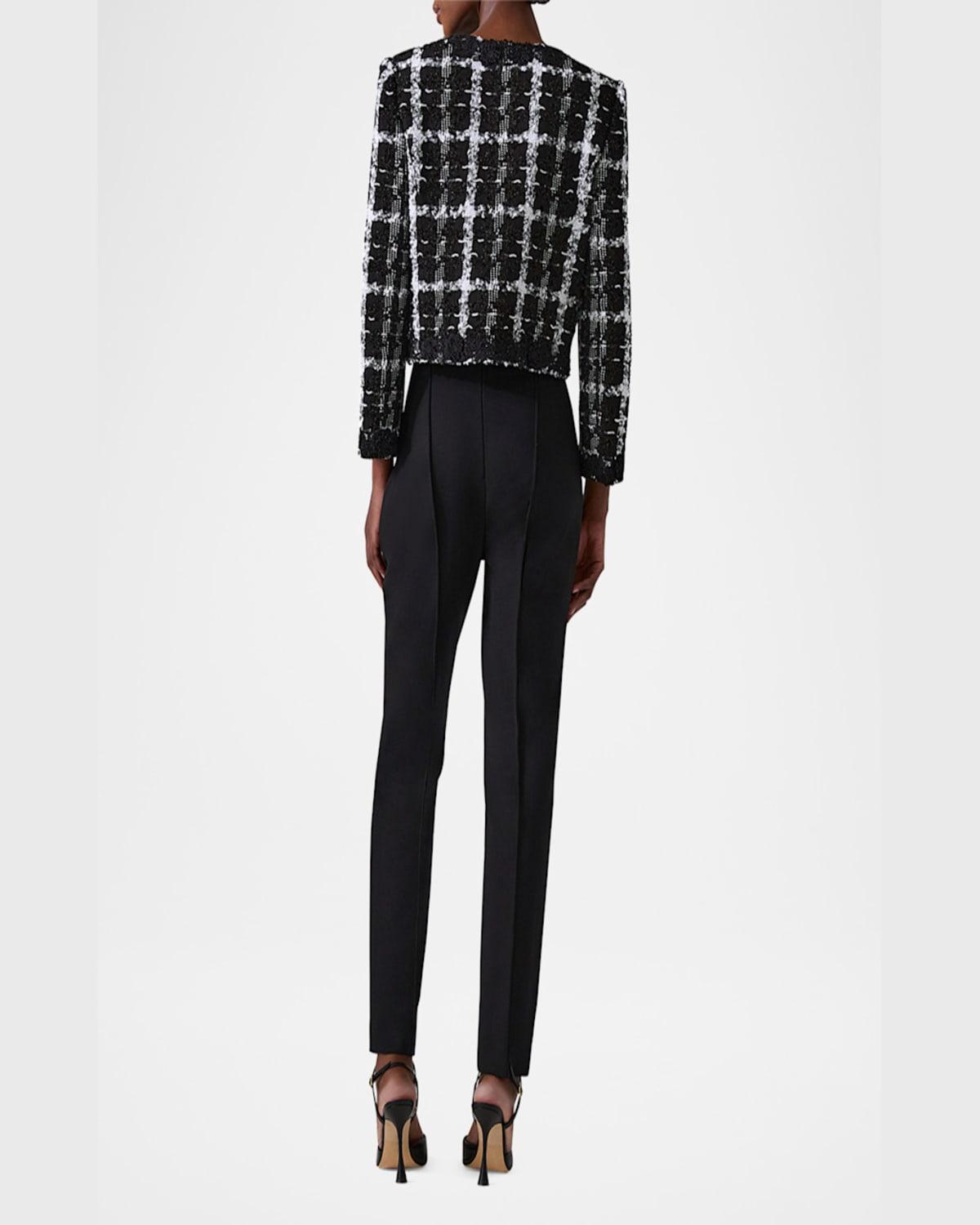 Collarless Metallic Check Tweed Crop Jacket