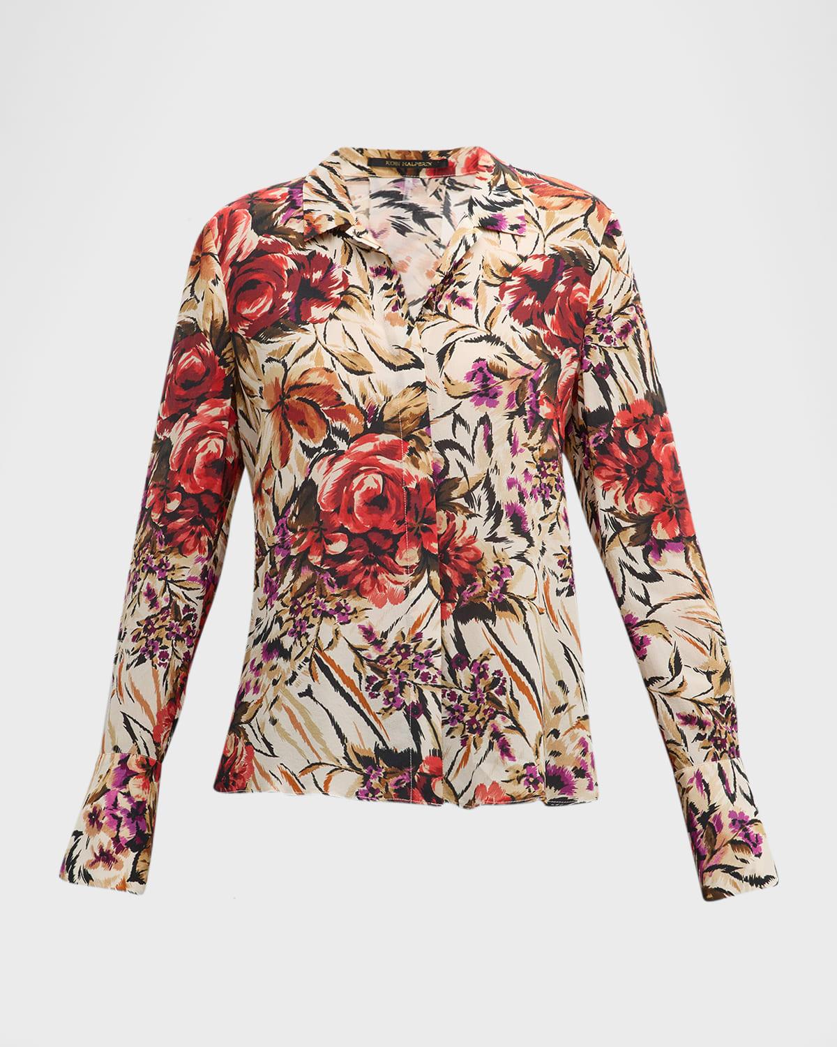 Lola Floral-Print Button-Down Silk Blouse