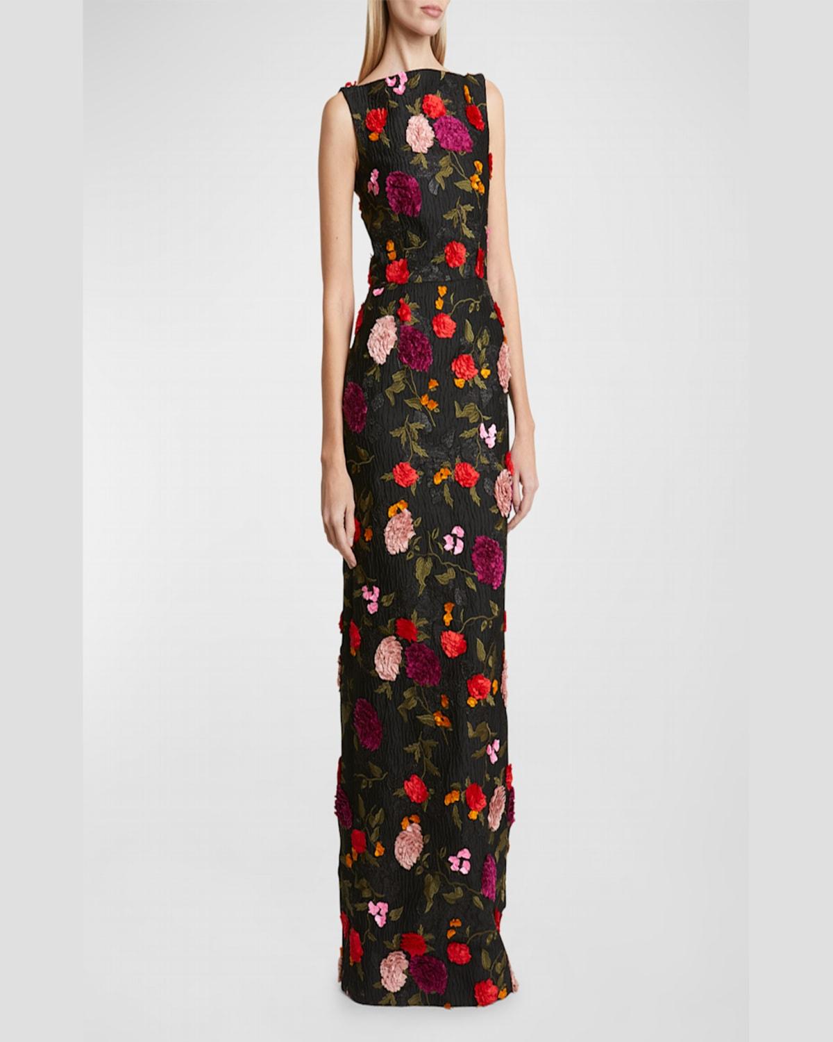 Floral Embroidered Long Sleeveless Column Gown